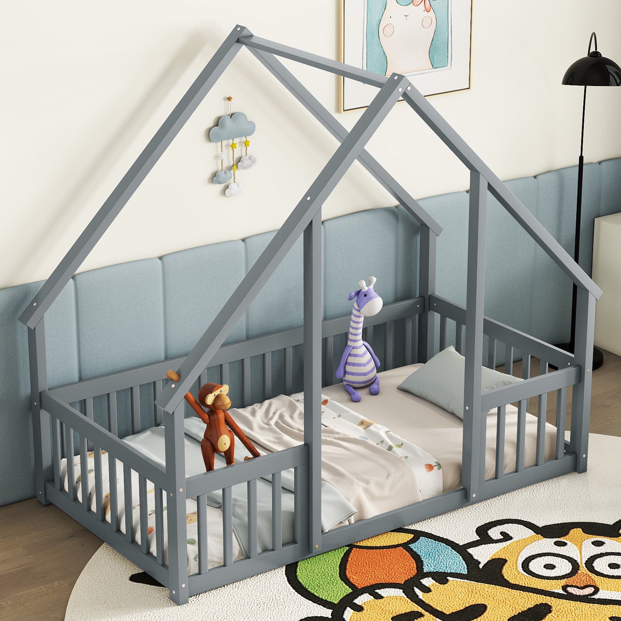 Twin Wood House-Shaped Toddler Floor Bed with Fence & Guardrails in Gray