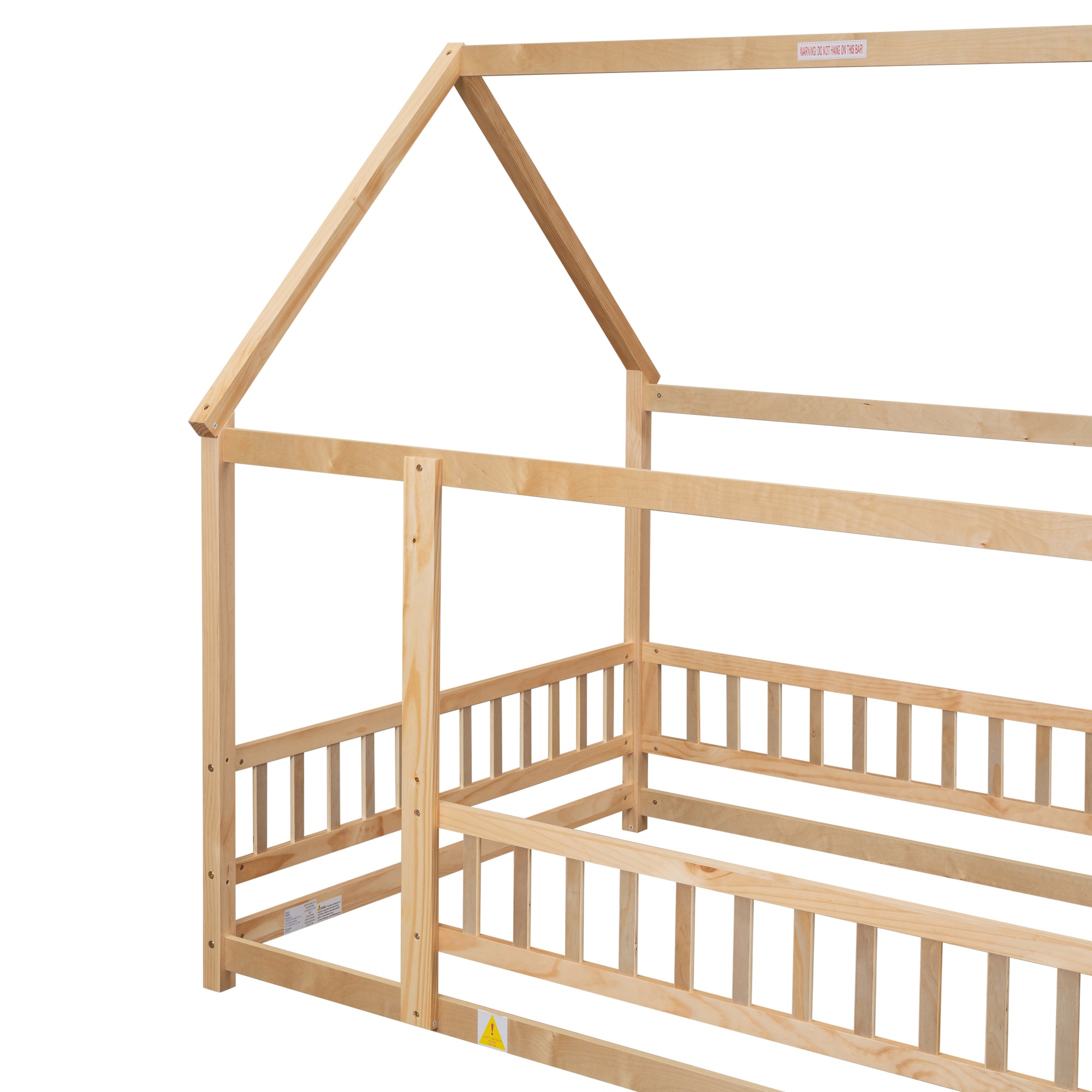 Natural Full Size Floor Wooden Toddler Floor Bed with House Roof Frame and Fence Guardrails