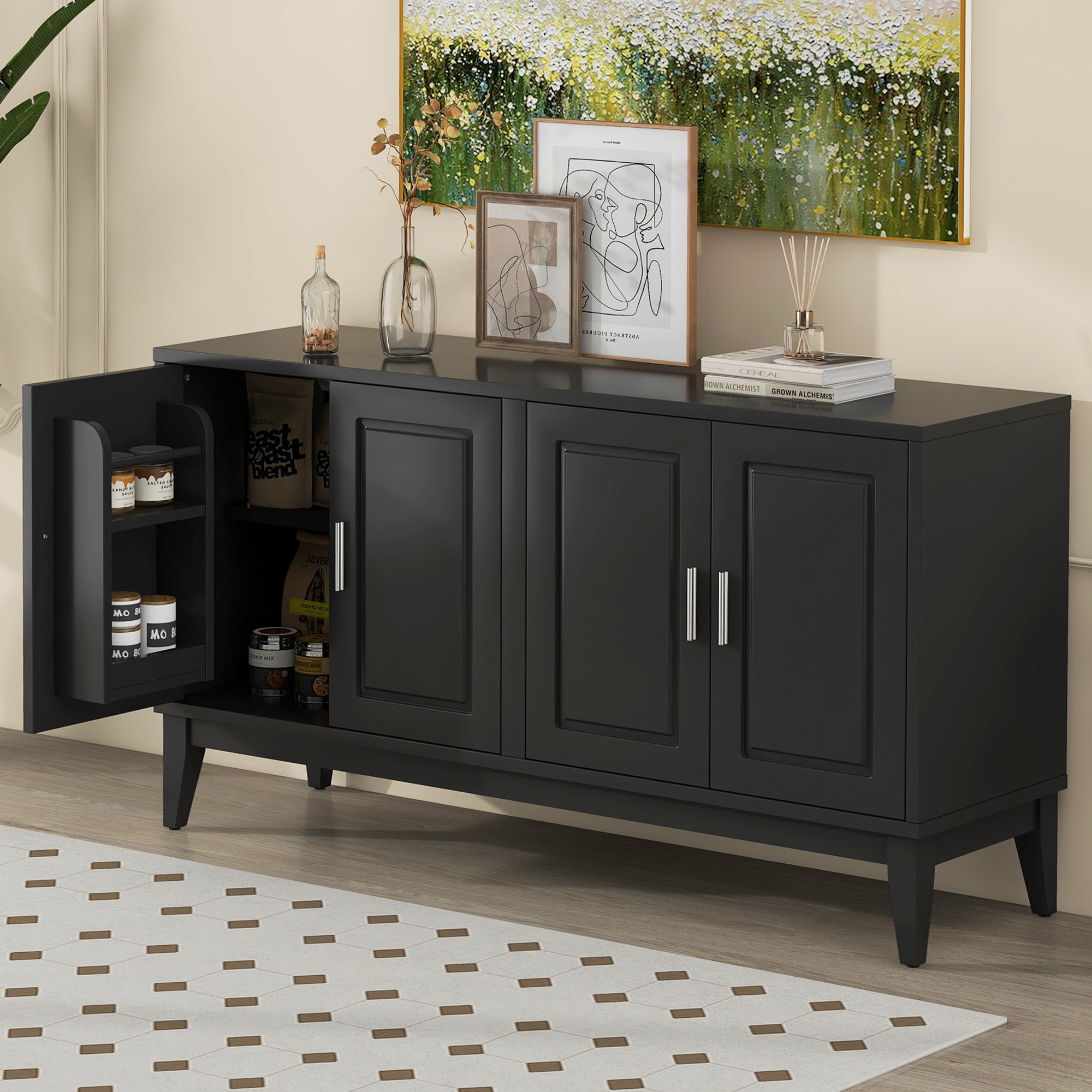 4-Door Sideboard Storage Cabinet with Adjustable Shelves for Living Room and Dining Room In Black