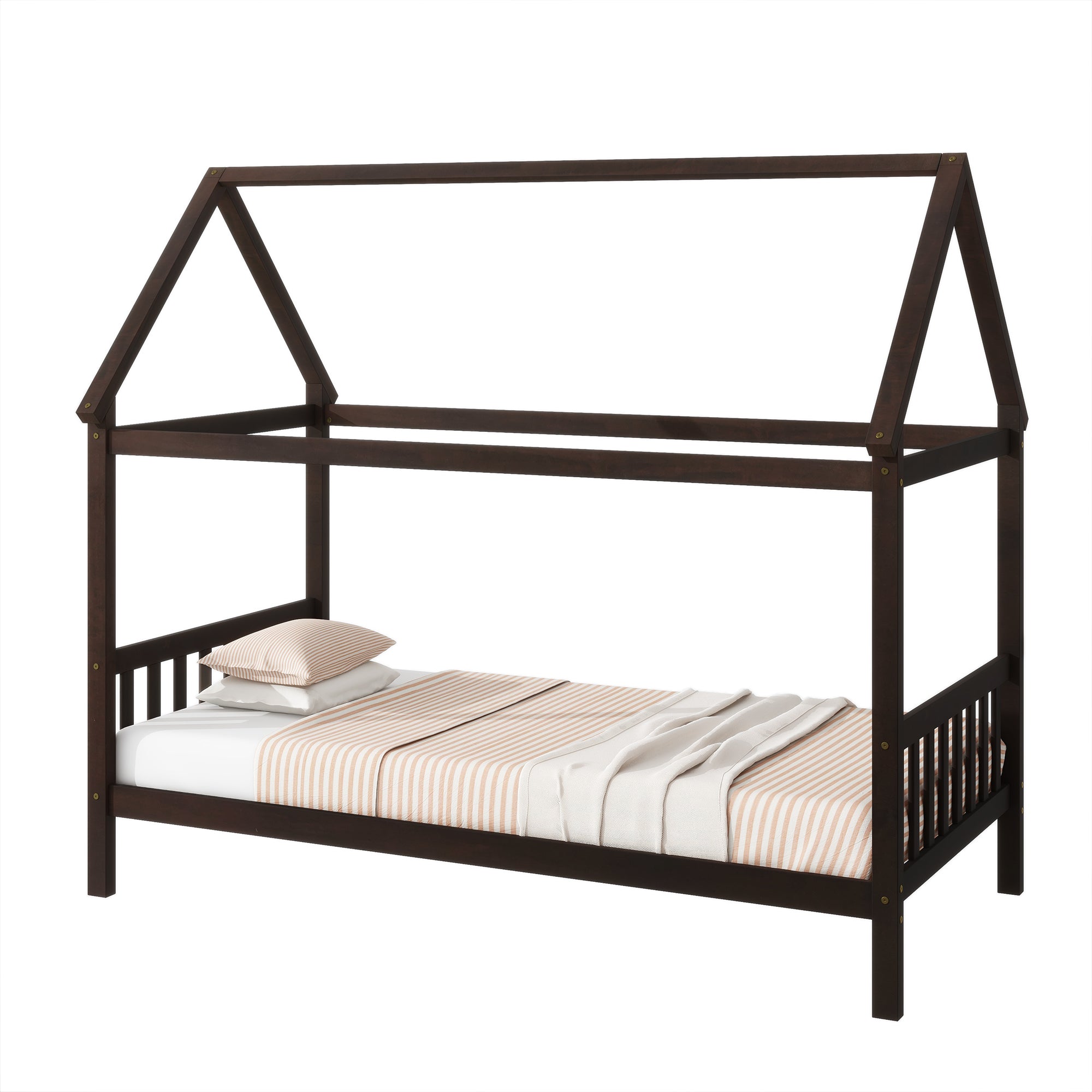 Espresso Twin Rubber Wood House Bed with Headboard and Footboard