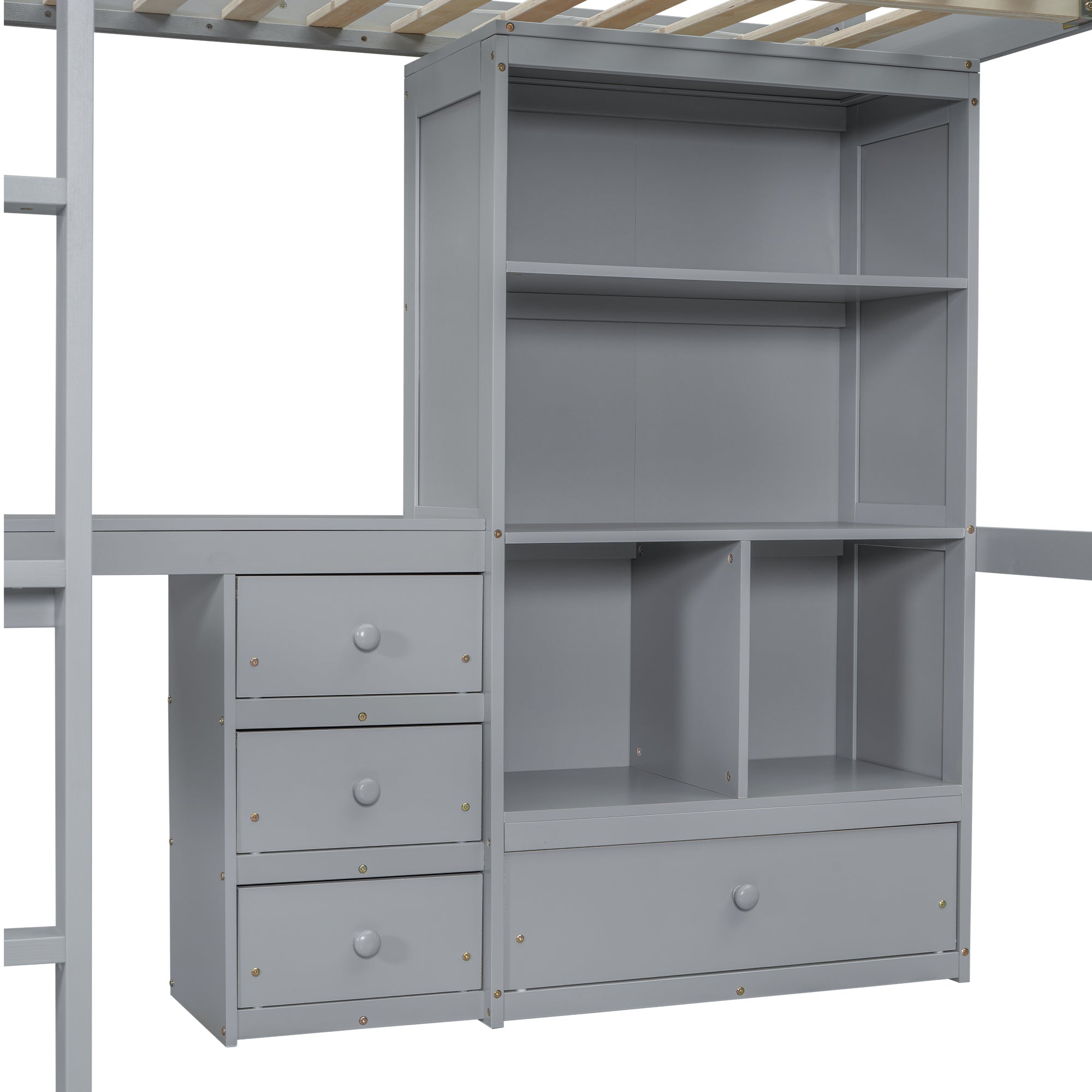 Gray Full Size High Loft Bed with Desk, Storage Shelves, and Drawers