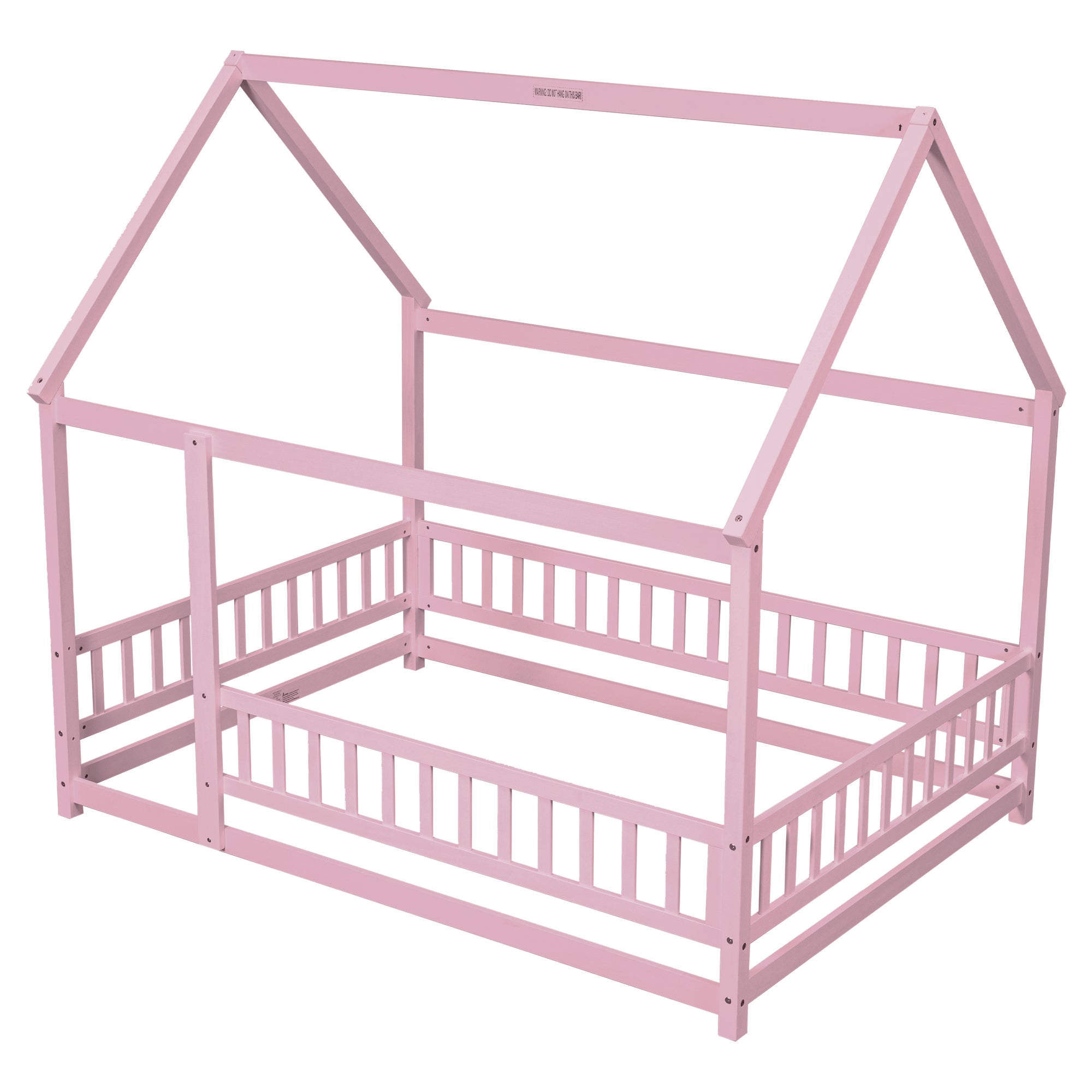 Pink Full-Size Toddler Floor Wooden Bed with House Roof Frame & Fence Guardrails