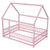 Pink Full-Size Toddler Floor Wooden Bed with House Roof Frame & Fence Guardrails