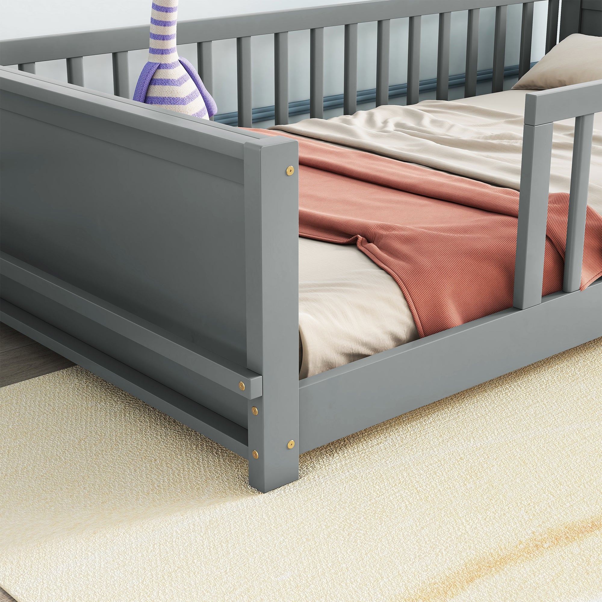 Gray Twin Toddler Floor Bed with Built-in Book Storage Rack