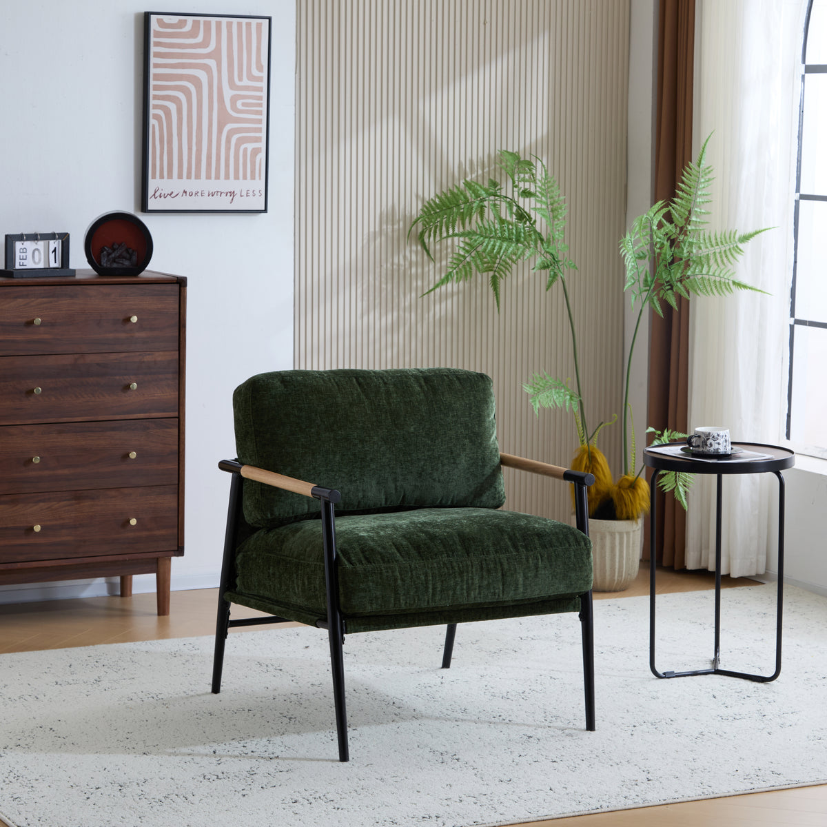 Minimalist Metal Frame Accent Chair With Plush Green Cushions