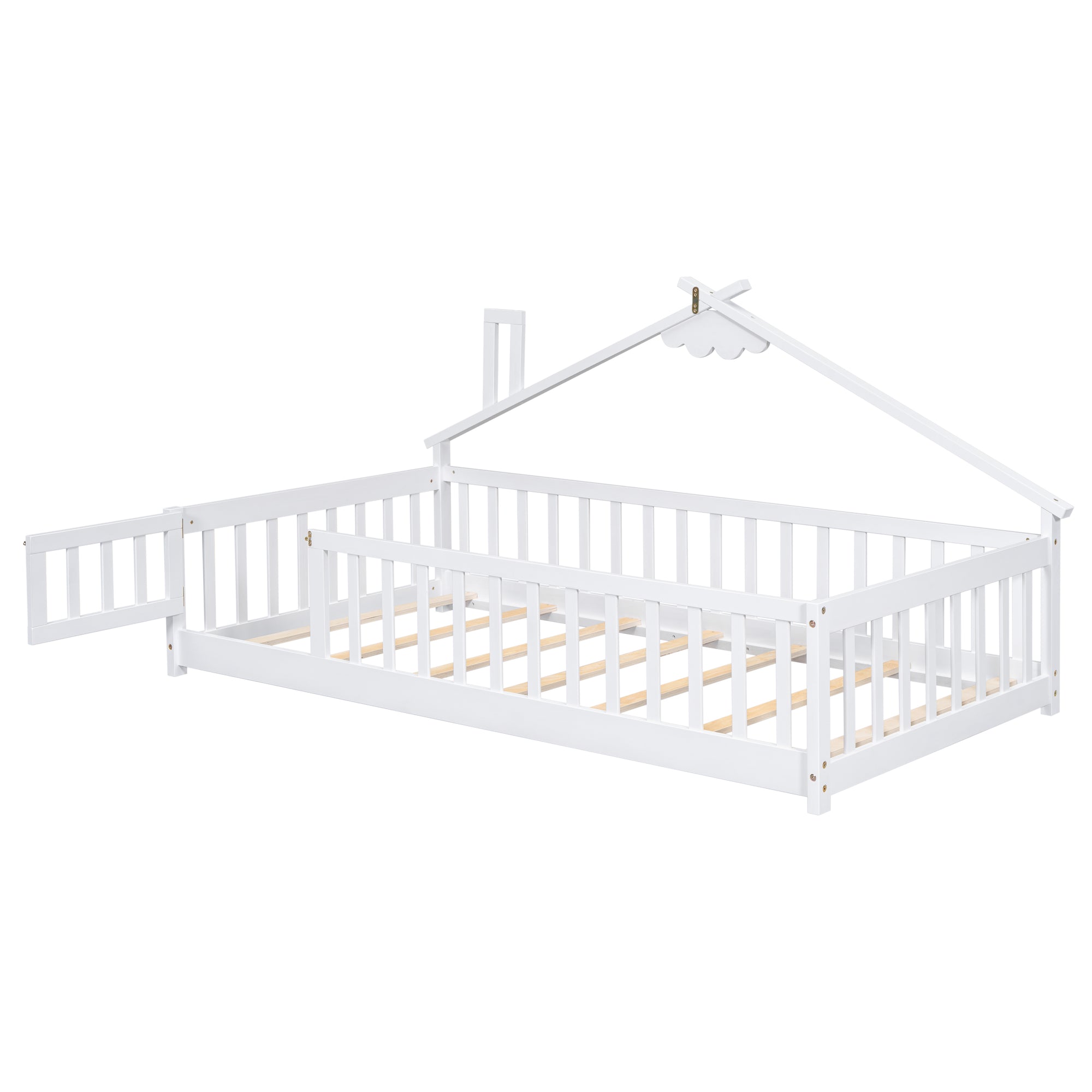 Twin House-Shaped Bedside Toddler Floor Bed with Guardrails, Slats & Door