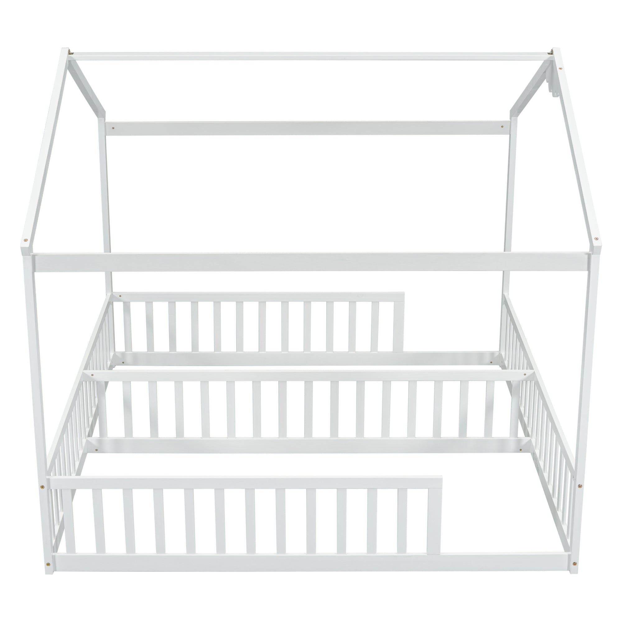 White Double Twin House-Style Toddler Floor Bed with Fence & Guardrails