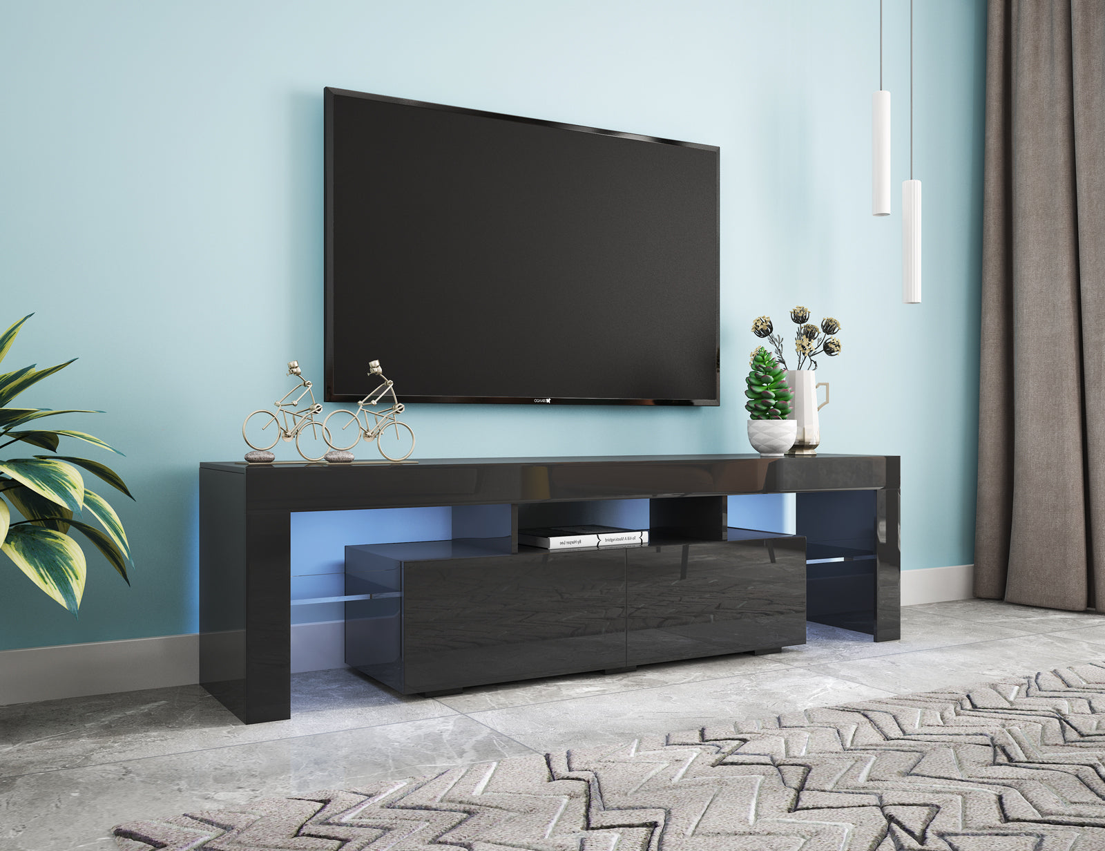 63" Mid Century Modern Gloss Black TV Stand With LED Lighting