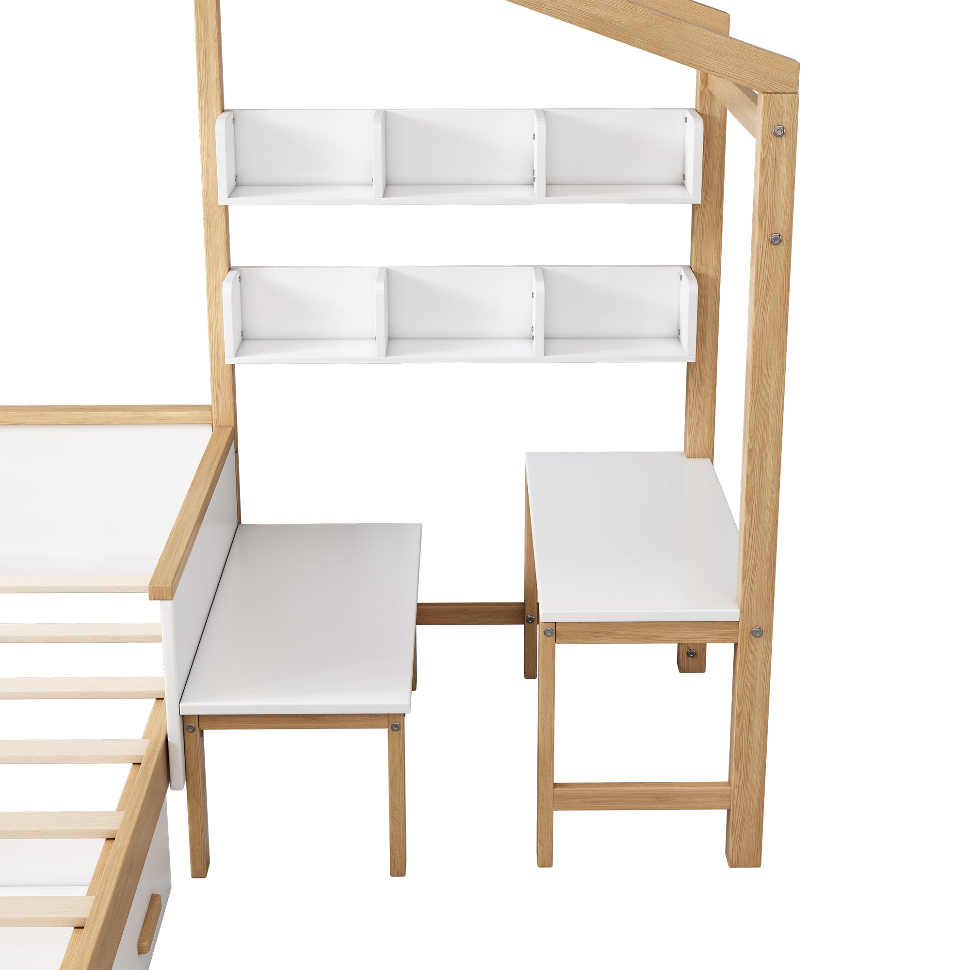 White & Wood Frame Full Size Wooden House Bed with Desk with Drawer, Desk and Bookshelf for Children