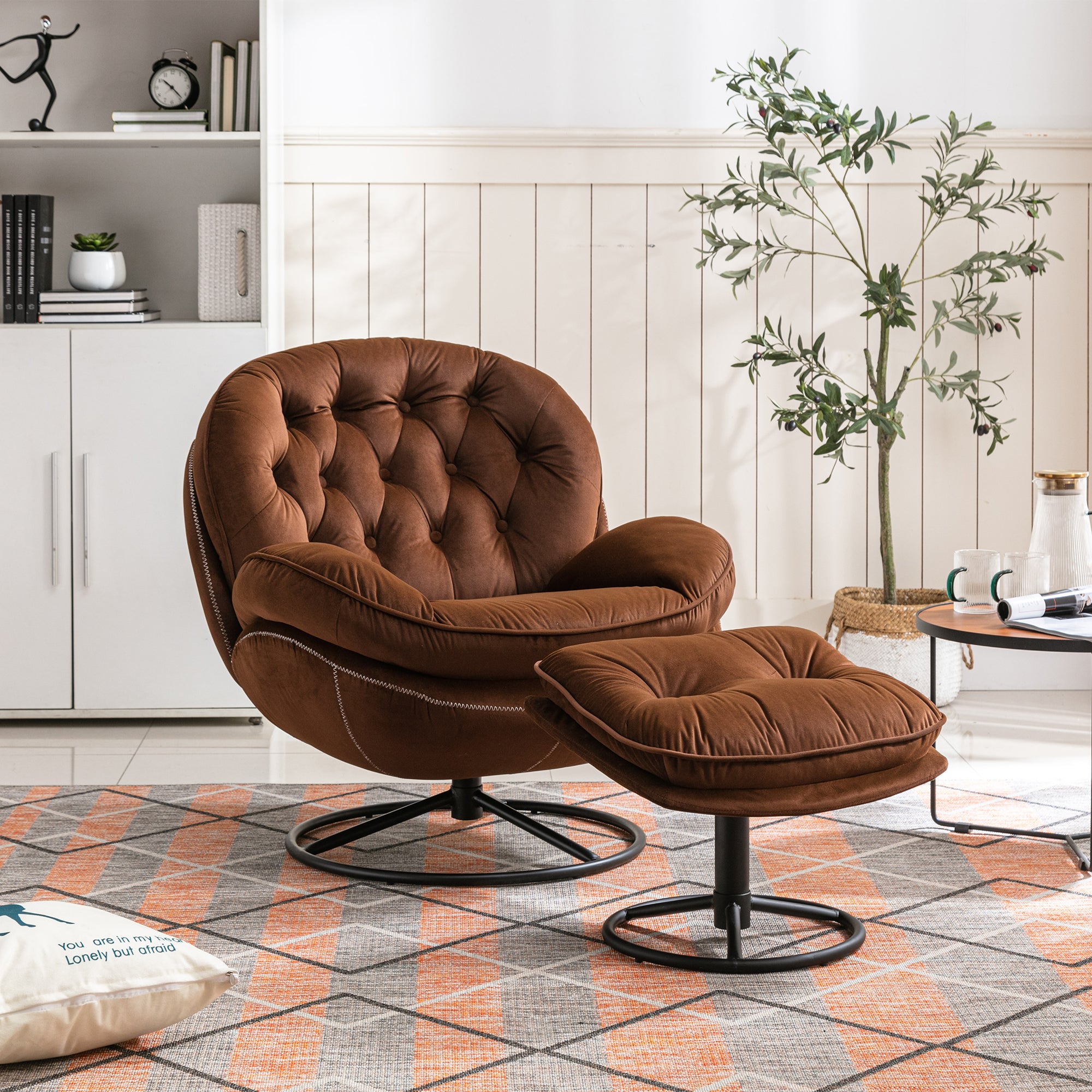 Brown Velvet Upholstered Chair with Ottoman