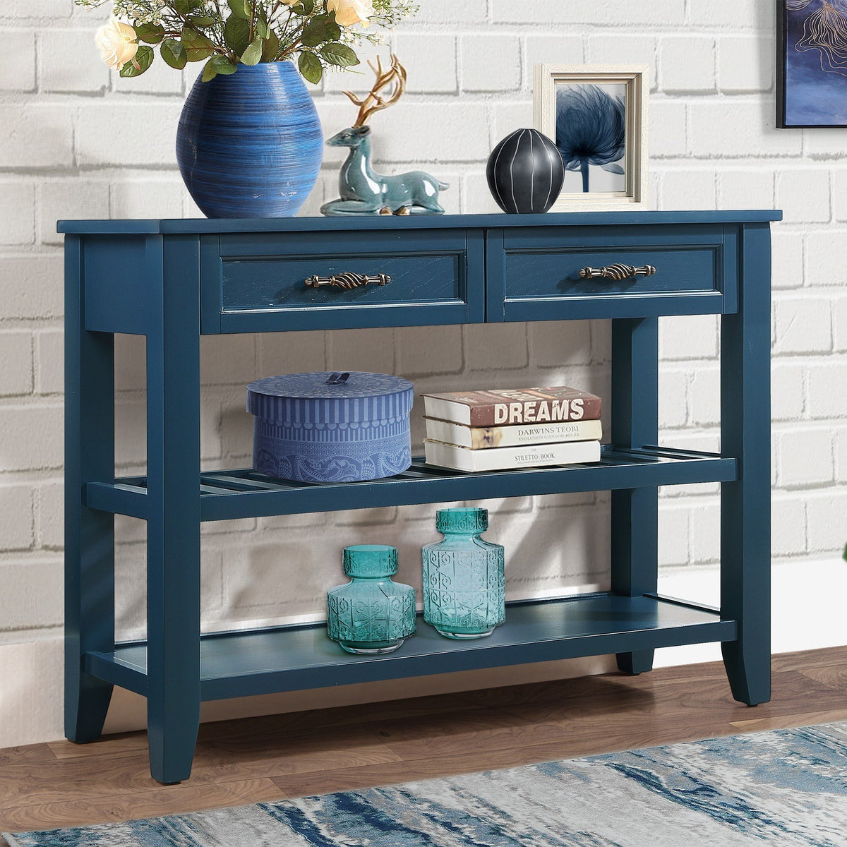 Mid-Century Console Sofa Table with 2 Storage Drawers and 2 Tiers Shelves Solid Wood Buffet for Living Room Kitchen Entryway In Navy Blue