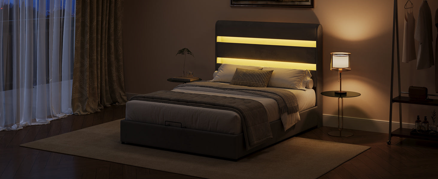 Gray Velvet Queen Hydraulic Storage Bed with LED Lights