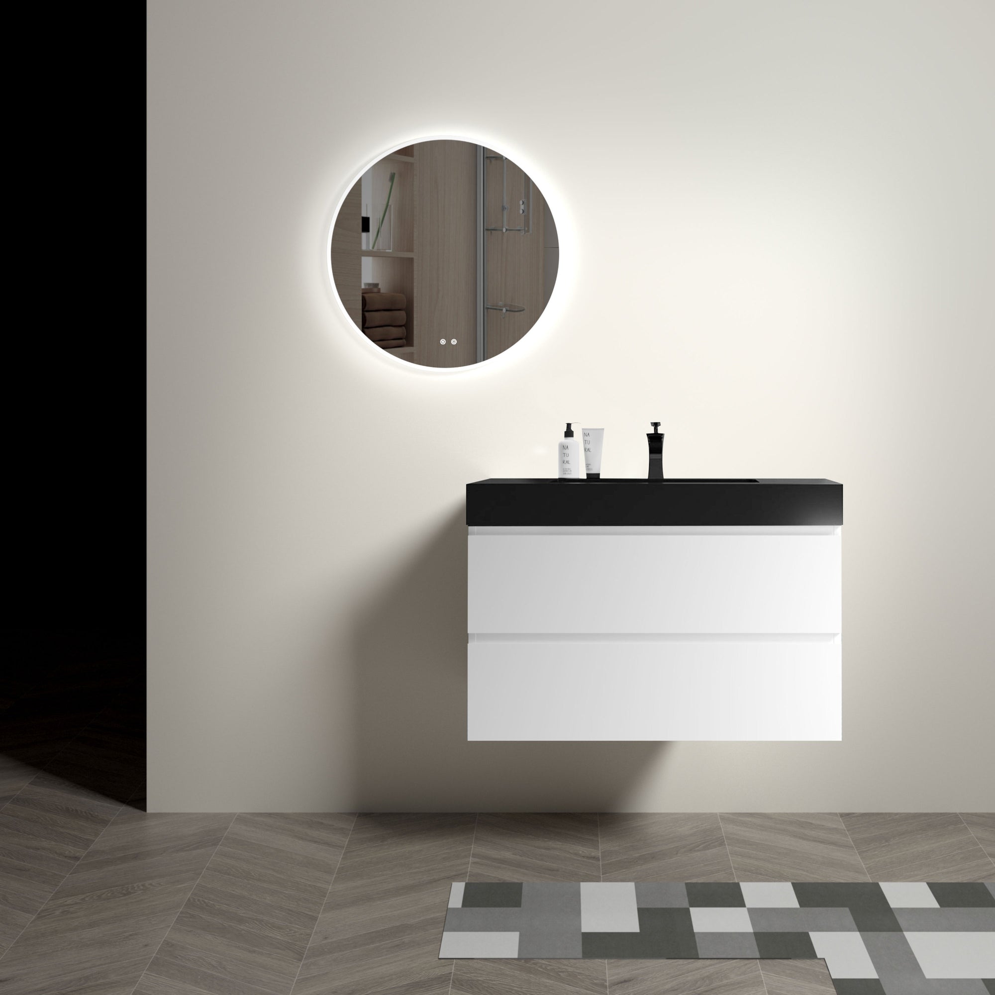 36 Inch White Bathroom Vanity with Large Storage Wall Mounted Floating Design and One-Piece Black Sink Basin In White and Black