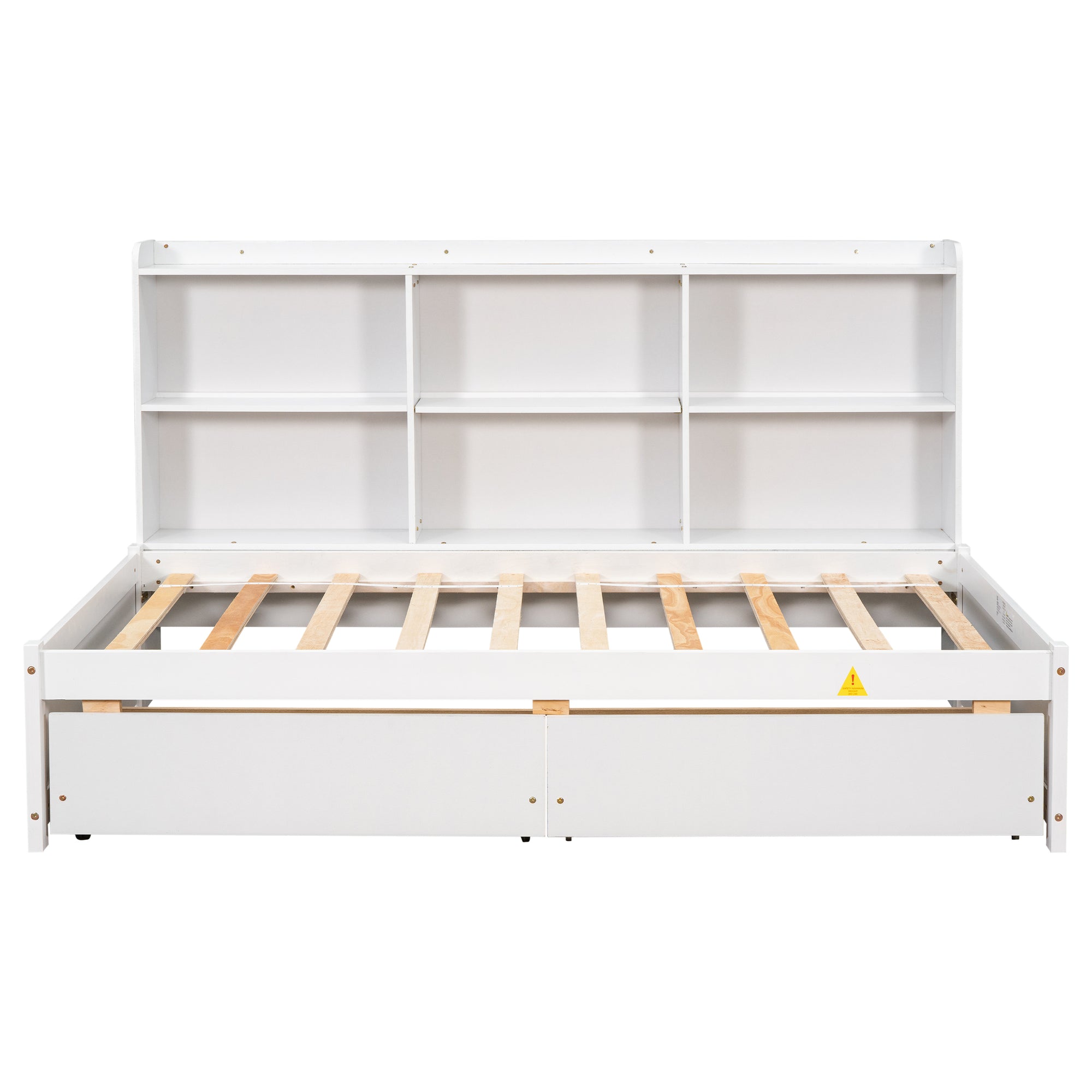 White Twin Bed with Side Bookcase and Storage Drawers