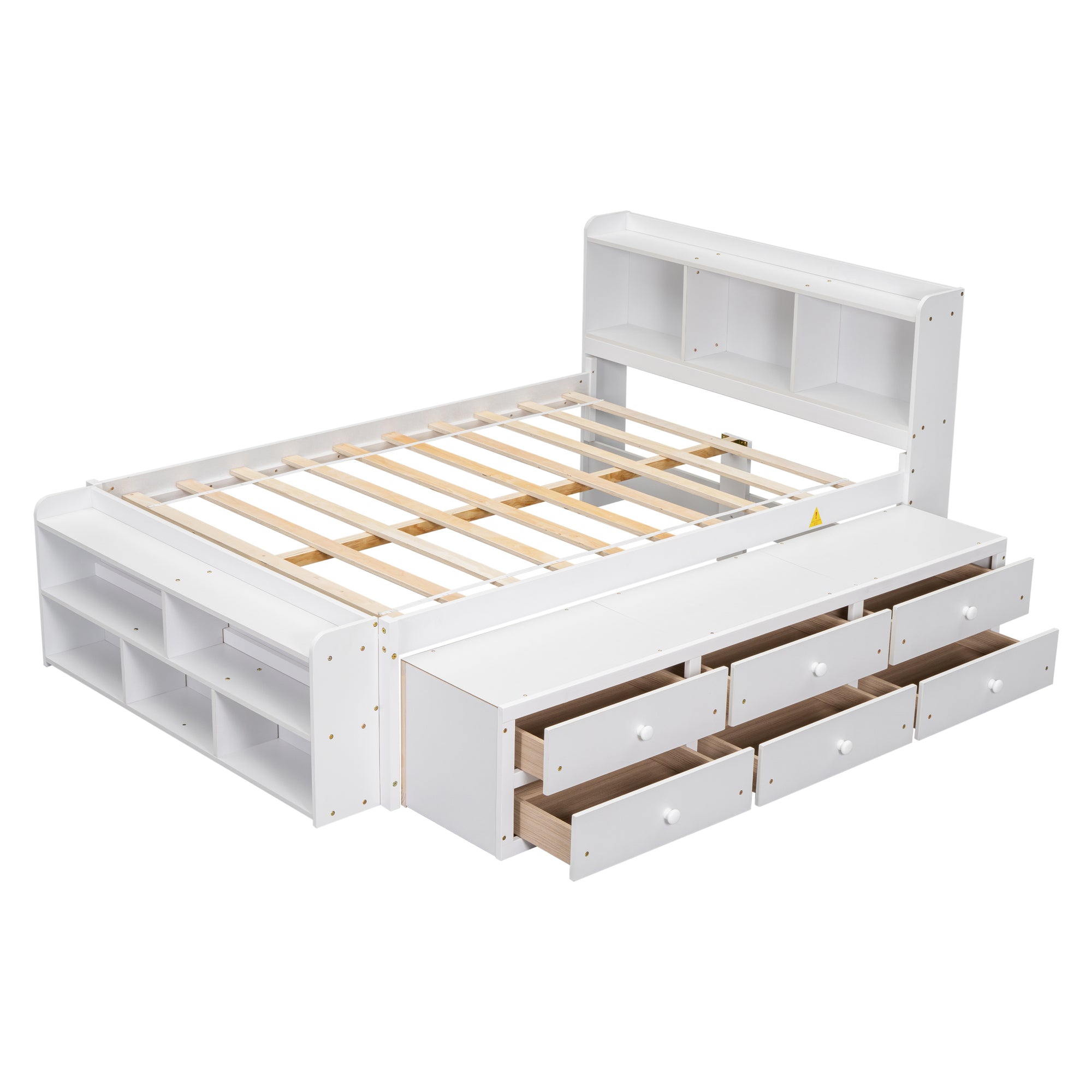 White Full Bed with Bookcase Headboard, Under-Bed Storage Drawers, and Bed-End Storage Case