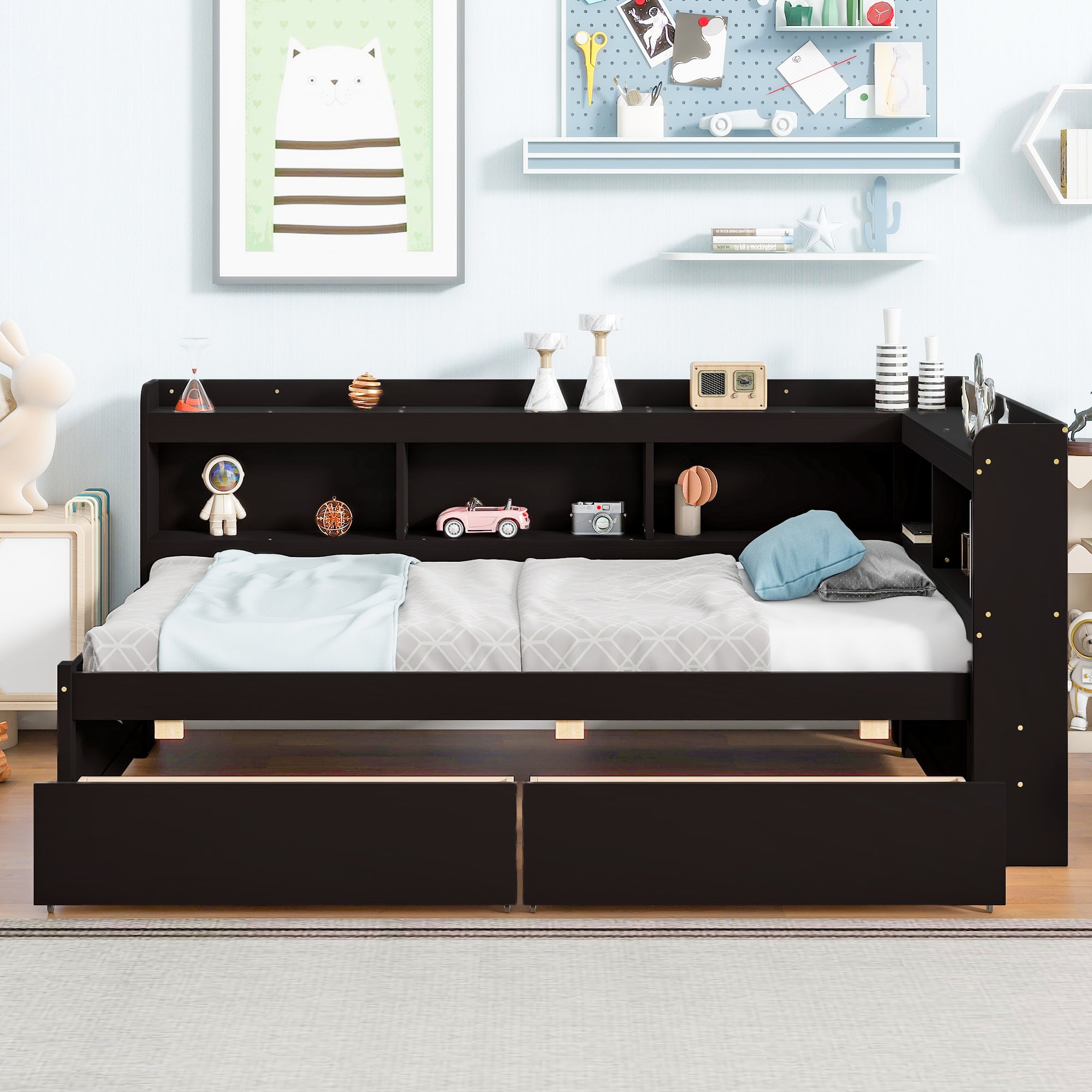 Twin Bed with L-Shaped Bookcases & Storage Drawers In Espresso