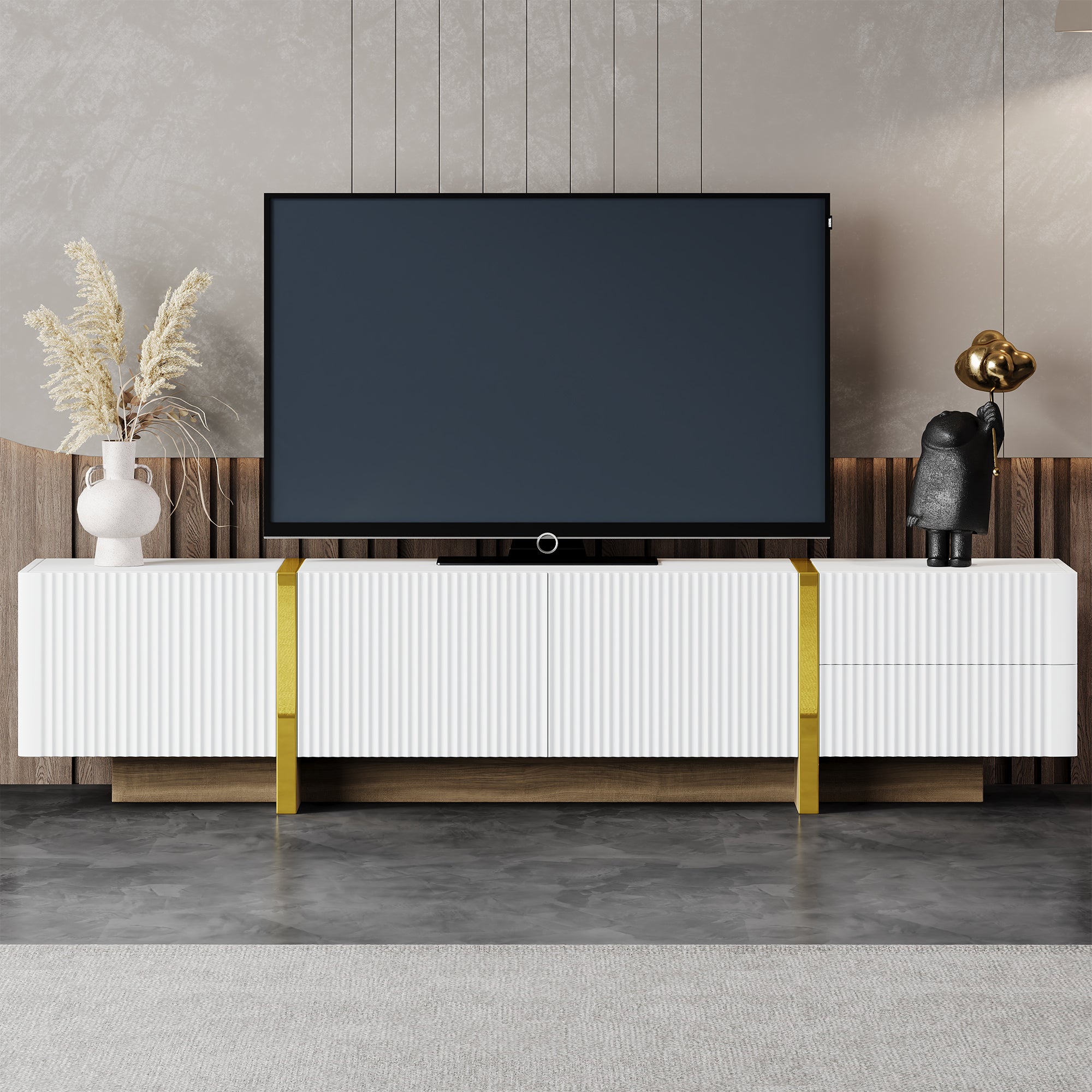 Luxury Fluted TV Stand for TVs Up to 80 Inch Modern Entertainment Center with Storage Cabinets and Drawers In White