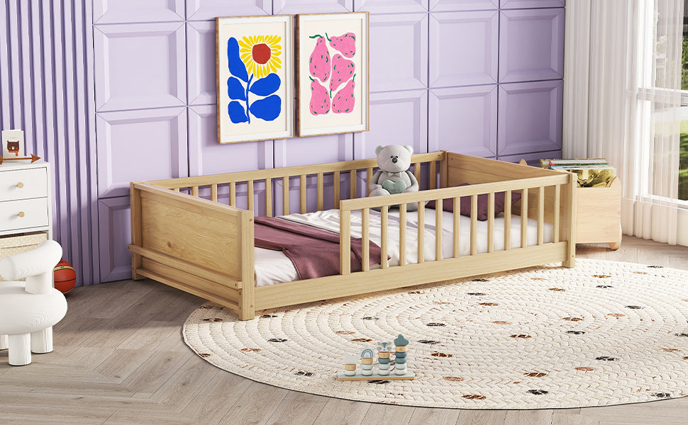 Natural Finish Twin Toddler Floor Bed with Built-in Book Storage Rack