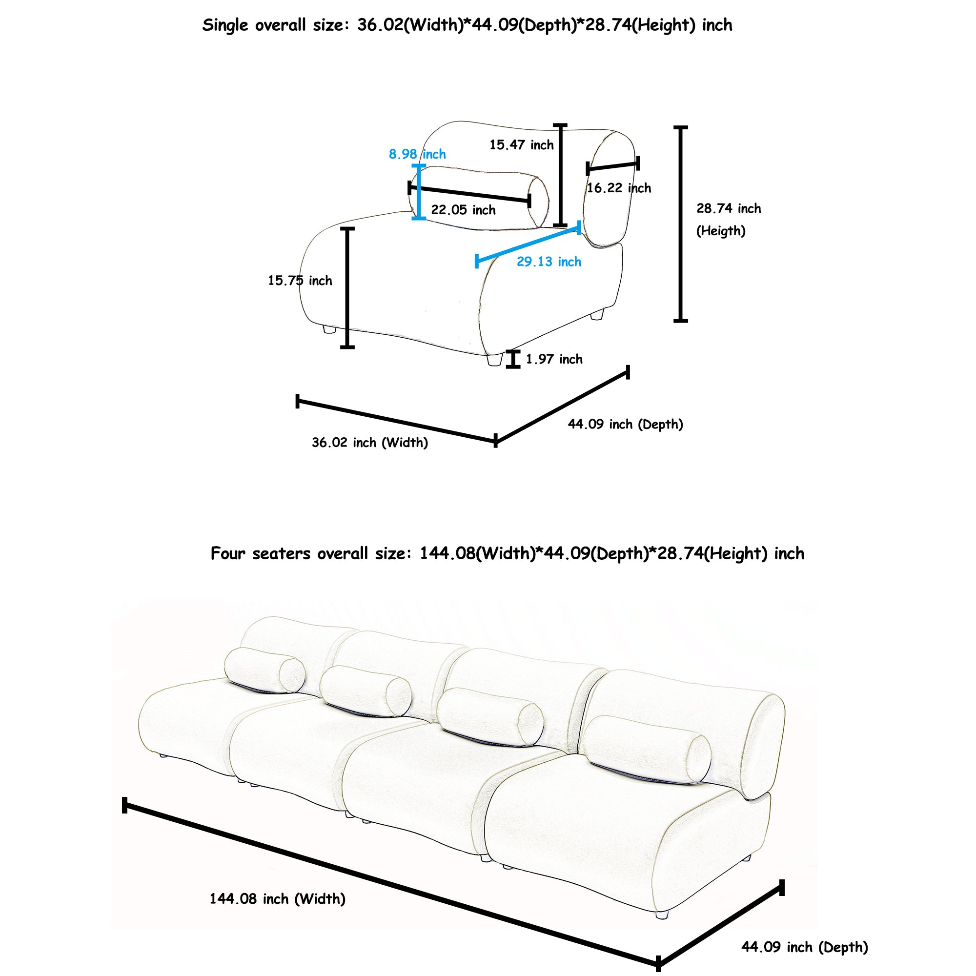 Freely Arrangeable Modern Oversized Chenille Sofa Set In Black With Cylindrical Pillows