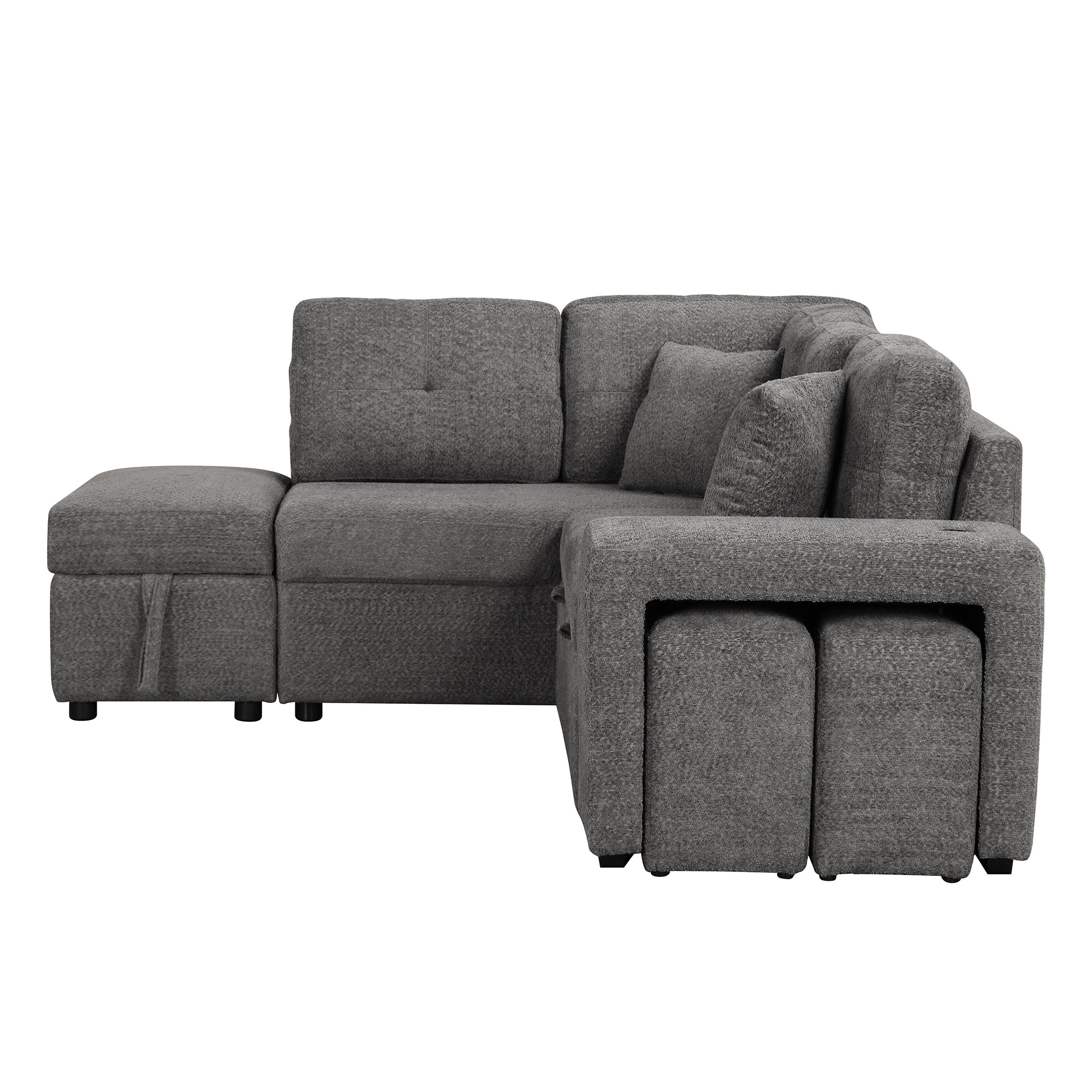 Dark Gray Chenille Pull-Out Sofa Bed with Storage Ottomans and Wireless Charger