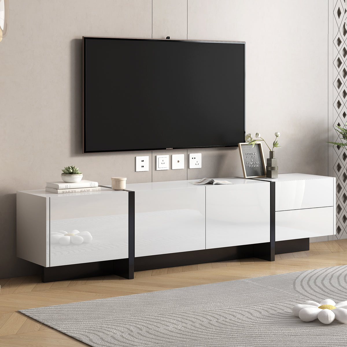 White And Black Contemporary Rectangle Design TV Stand For TVs Up To 80 Inches Modern High Gloss UV Surface In White And Black