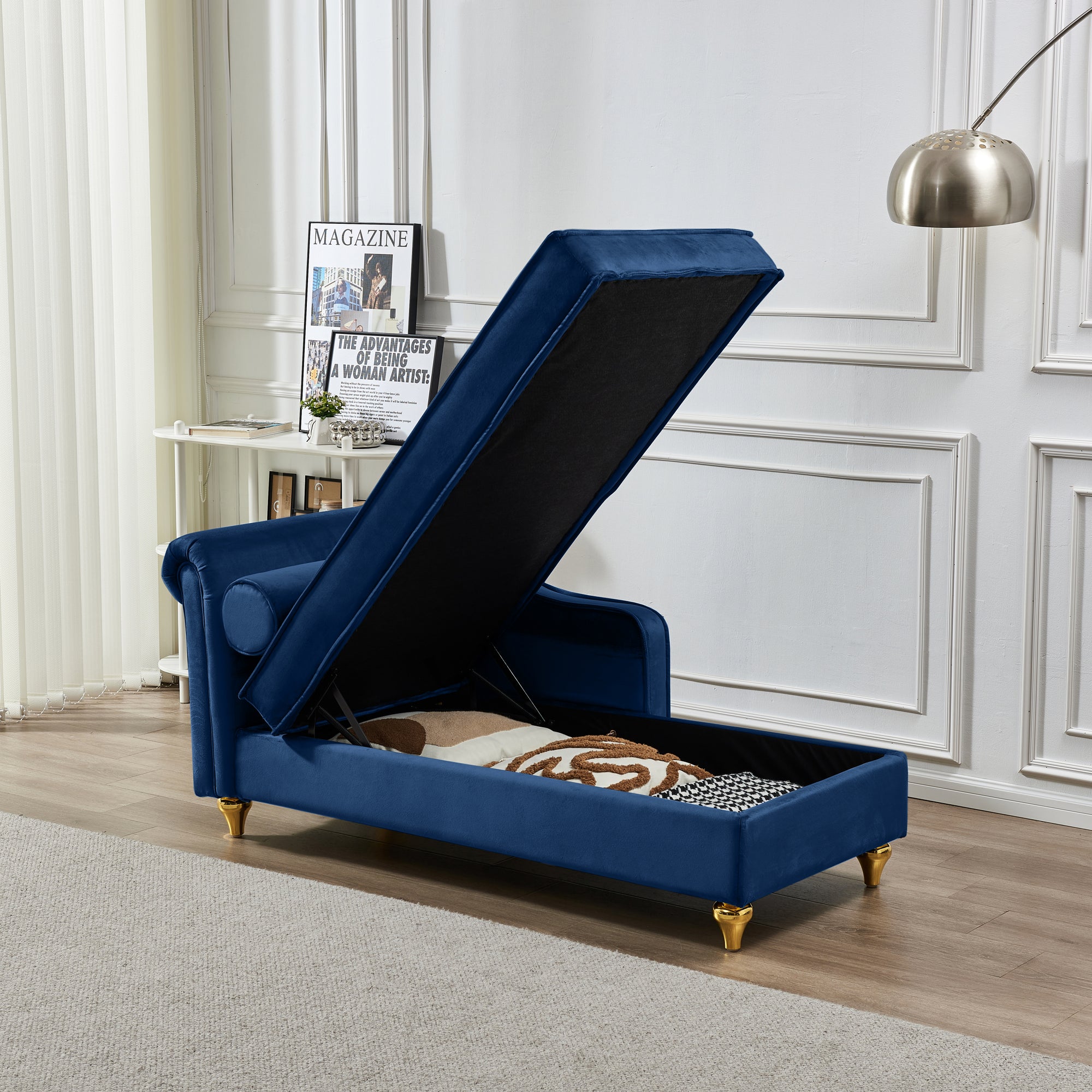 Navy Blue Velvet Chaise Lounge With Storage Compartment