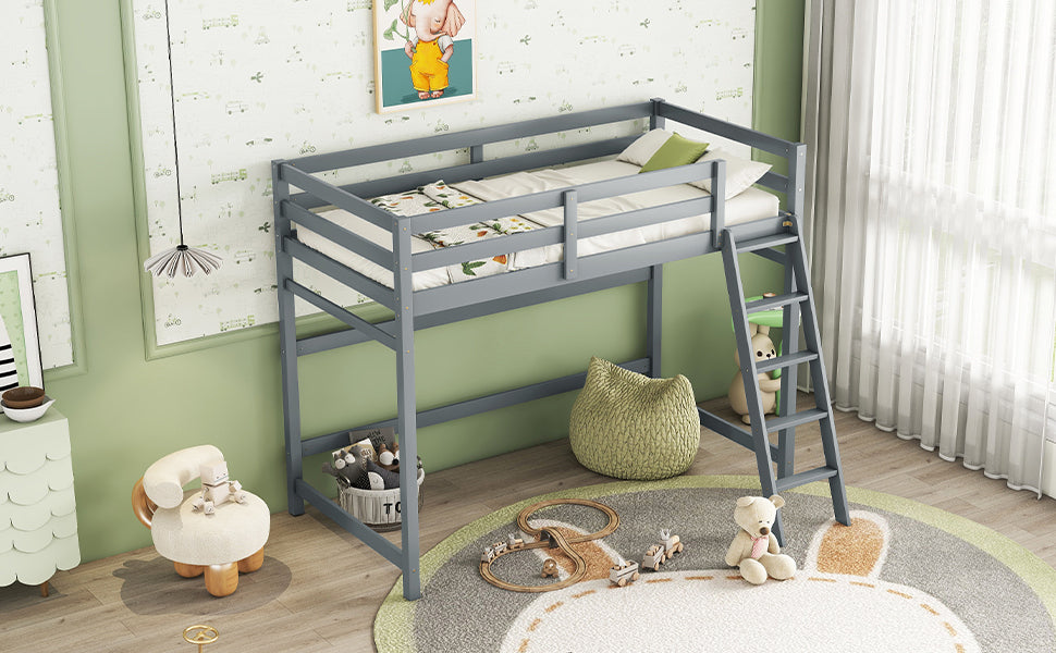 Gray Twin Size High Loft Bed with Inclined Ladder and Guardrails