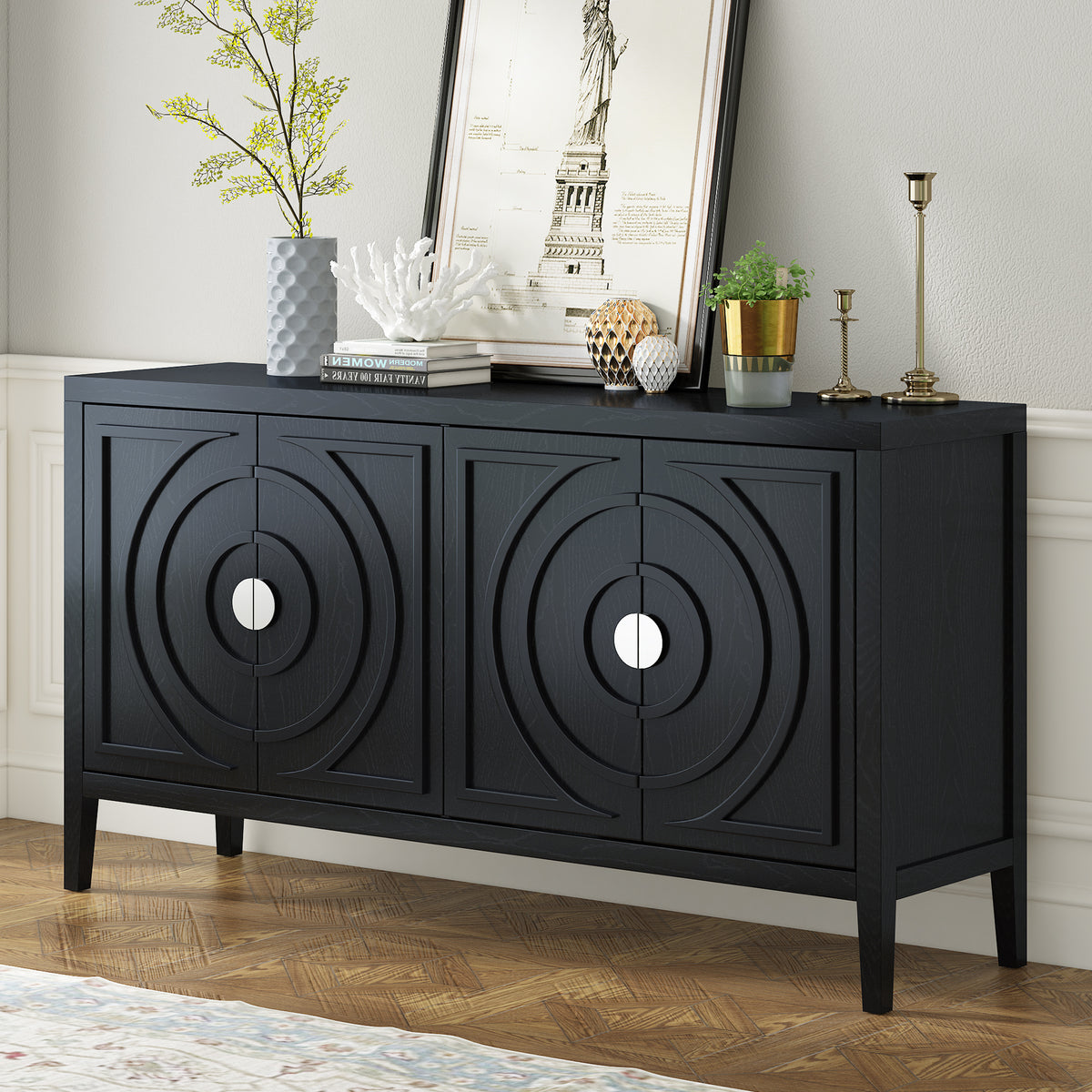 Retro Sideboard With Circular Groove Design And Round Metal Handle In Black