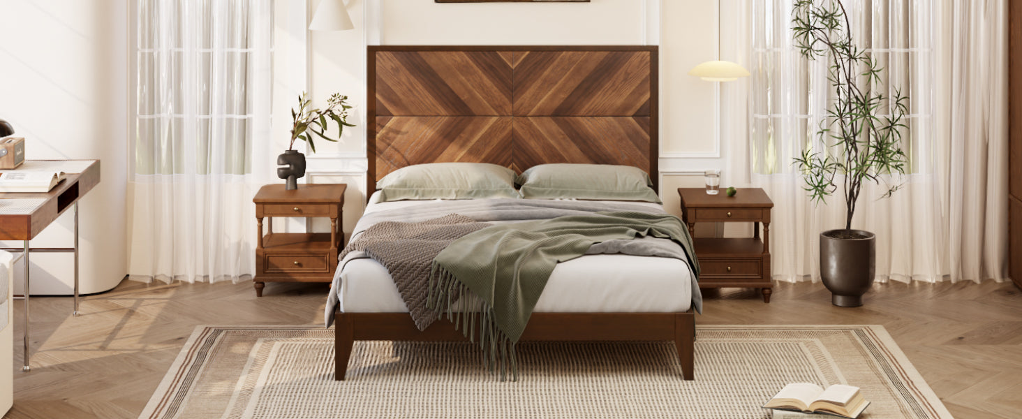 Walnut Tone Queen Mid-Century Modern Wooden Bed Frame