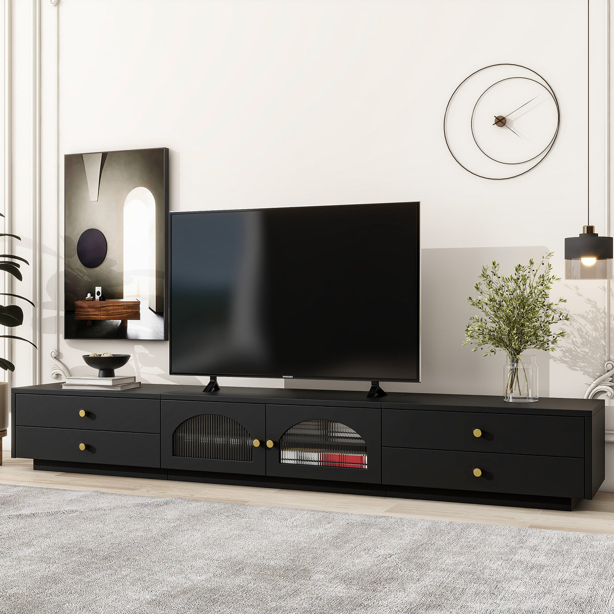 Luxurious TV Stand with Fluted Glass Doors Elegant Media Console for TVs Up to 95 Inches Tempered Glass Shelf In Black