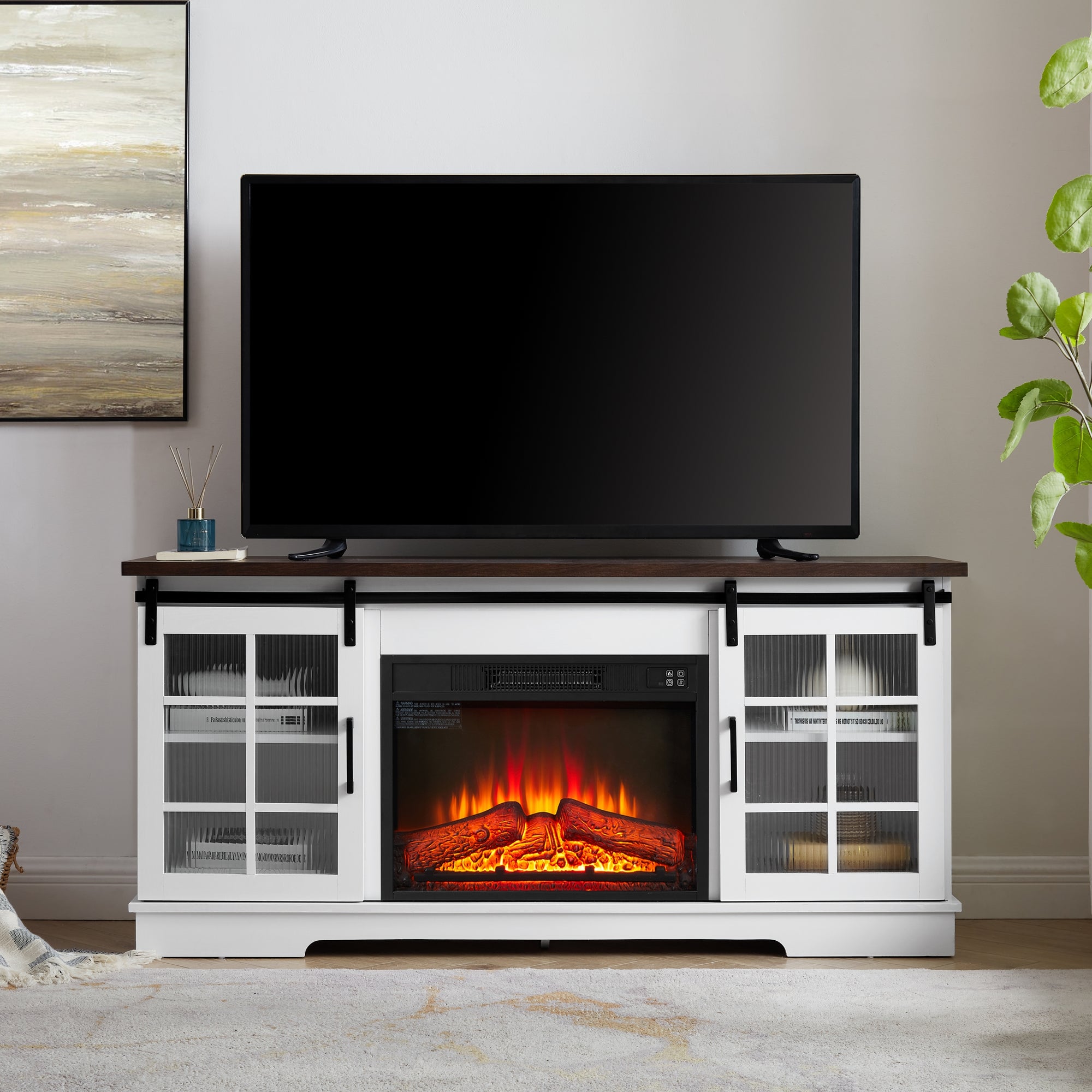 Multipurpose Sliding Door TV Cabinet with Fireplace Large Storage and Cable Management In White and Brown