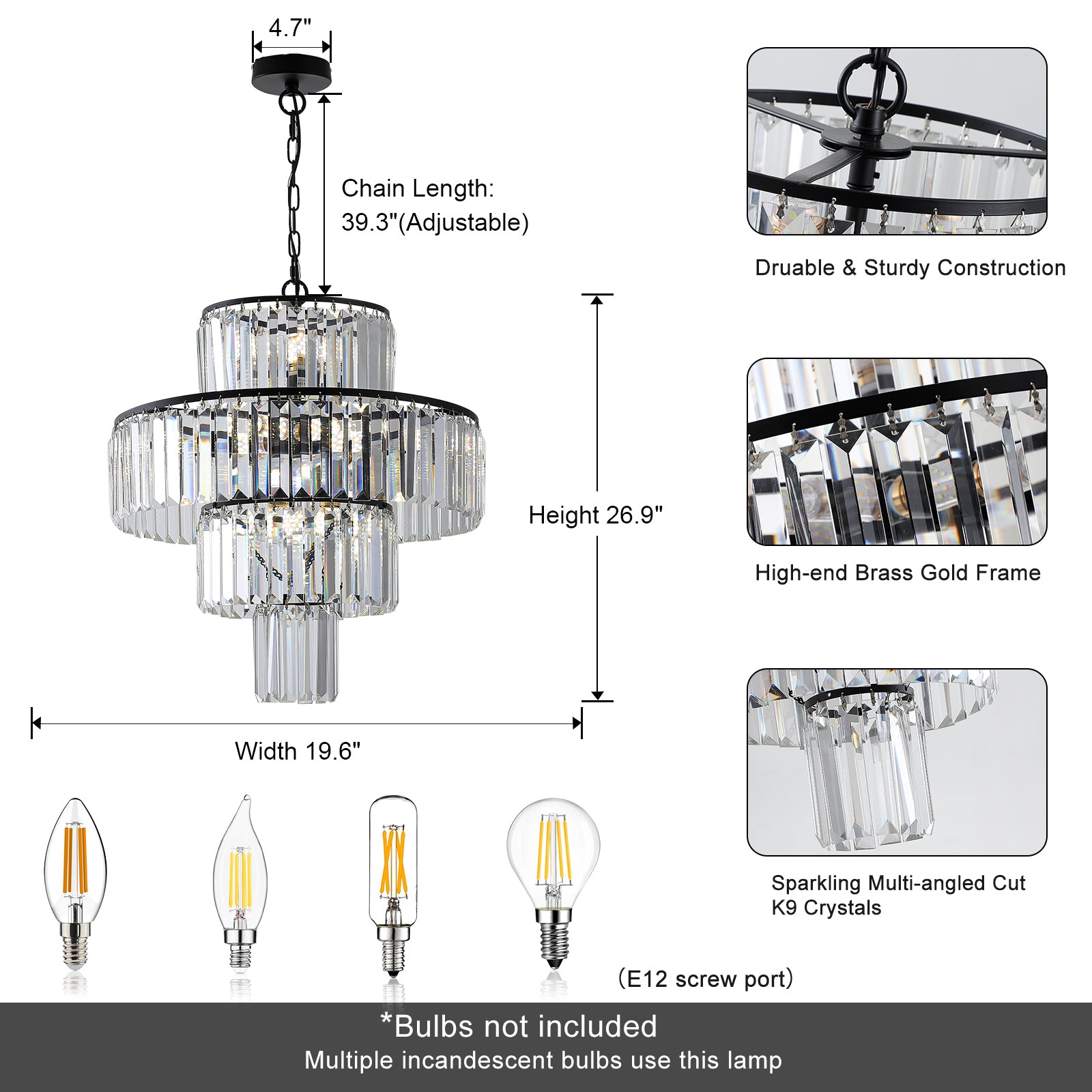 Sleek Metal Black Finish Crystal Chandelier