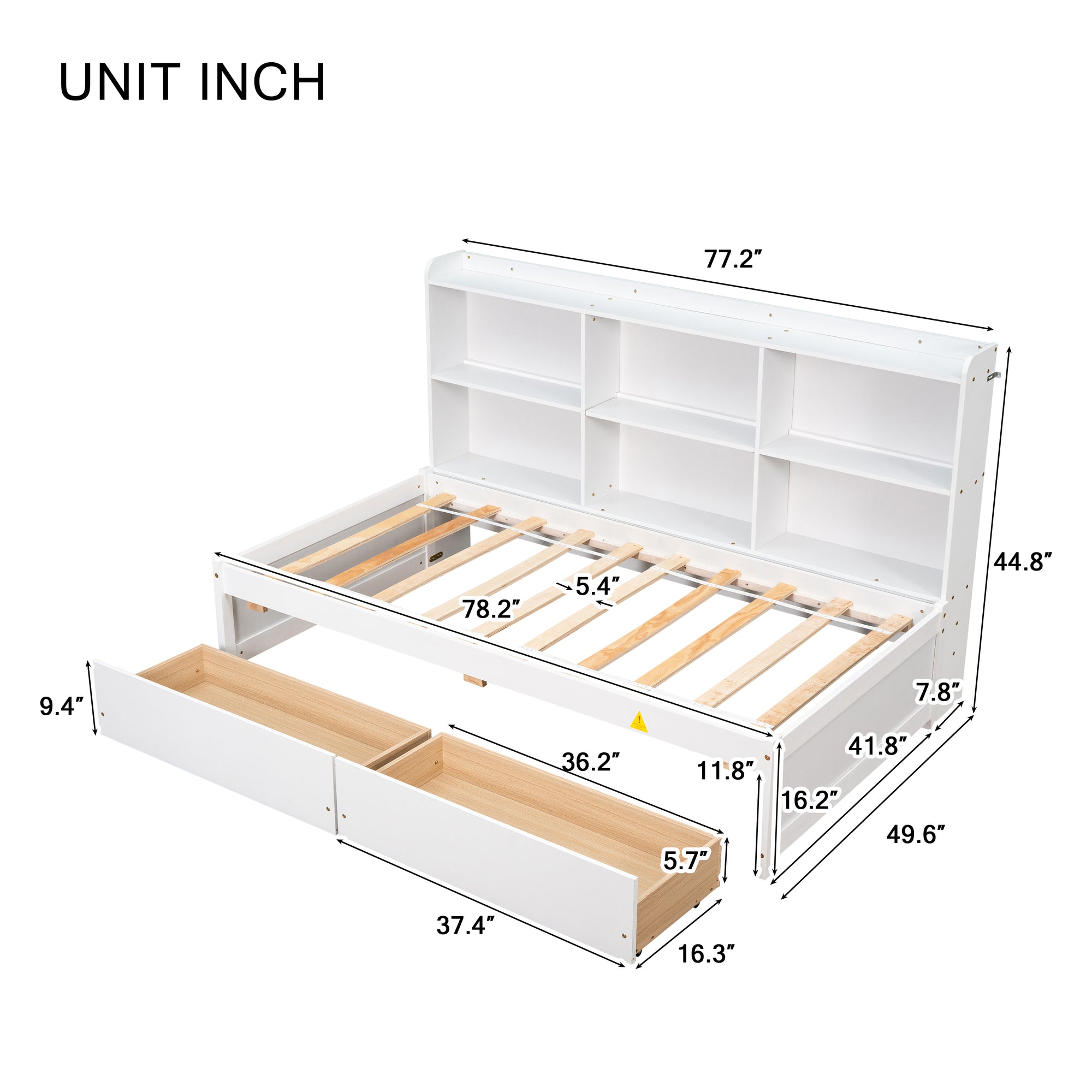 White Twin Bed with Side Bookcase and Storage Drawers