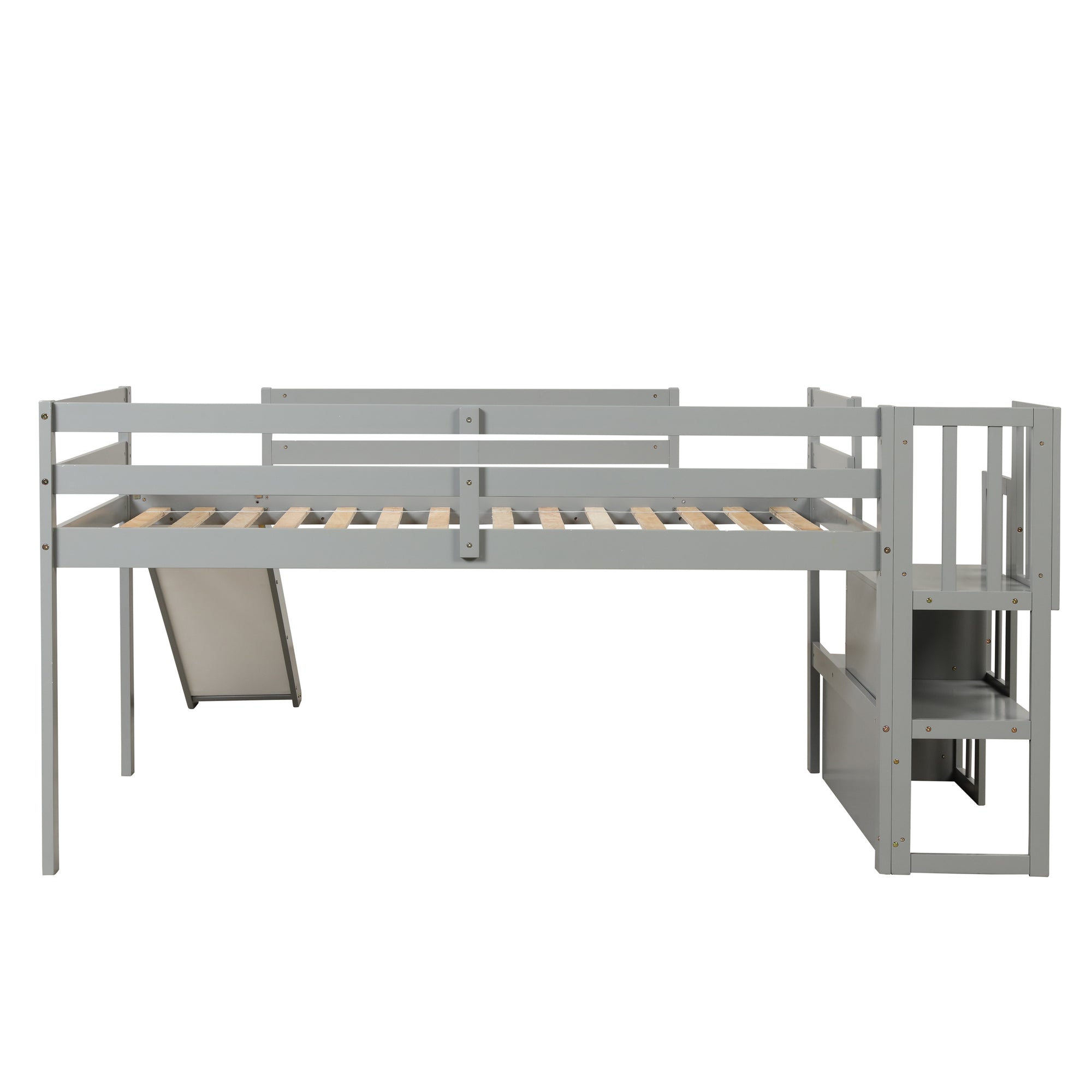 Gray Twin Loft Bed with Slide, Storage Staircase, and Full-Length Guardrails