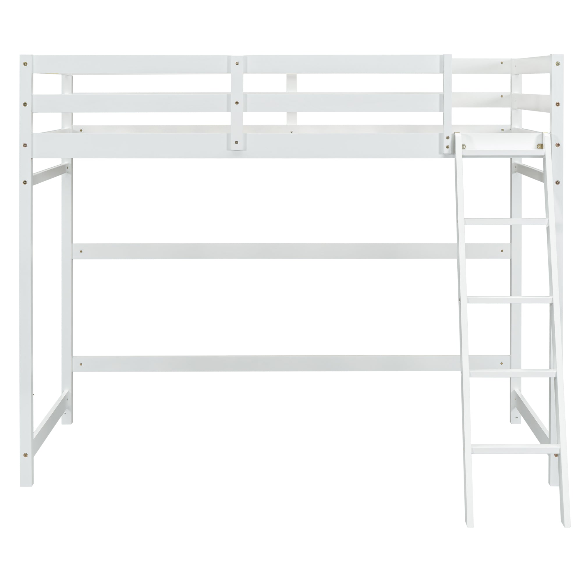 White Twin Size High Loft Bed with Inclined Ladder and Guardrails