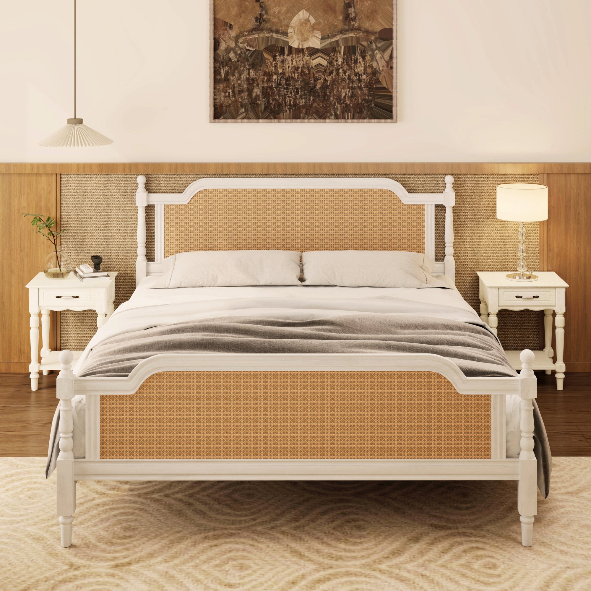 Queen Size Rattan Bed Frame in Antique White