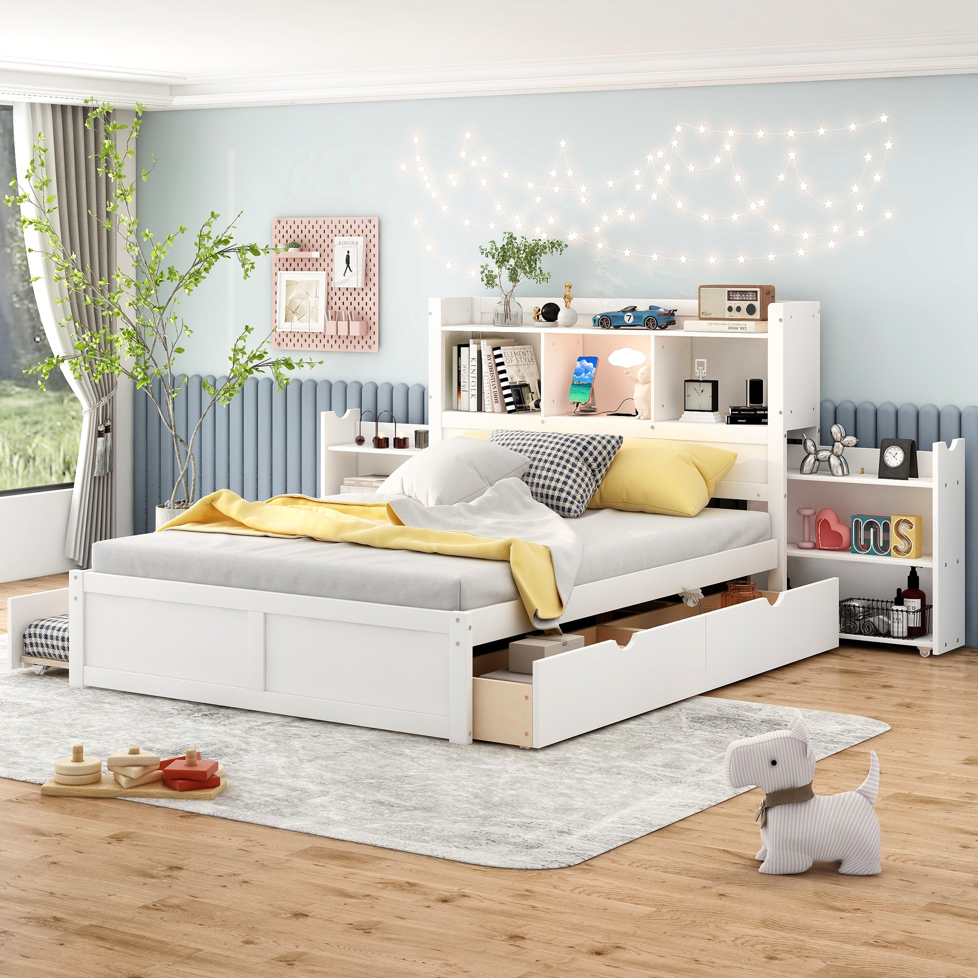 Full Size Storage Platform Bed with Pull Out Shelves Twin Size Trundle and 2 Drawers In White