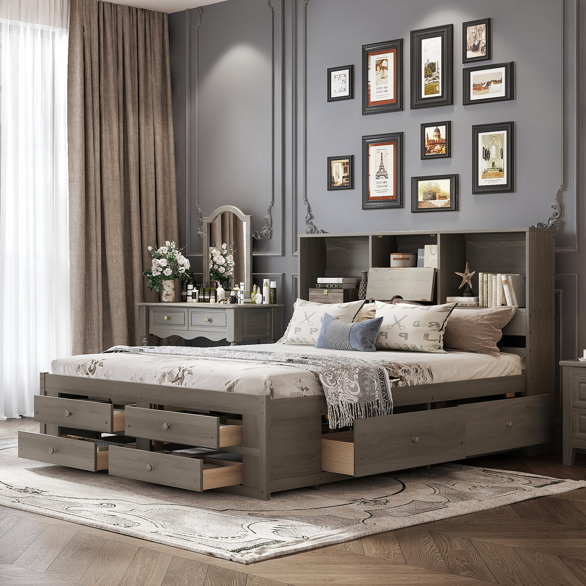 King Size Platform Bed with 8 Drawers and Storage Headboard In Gray