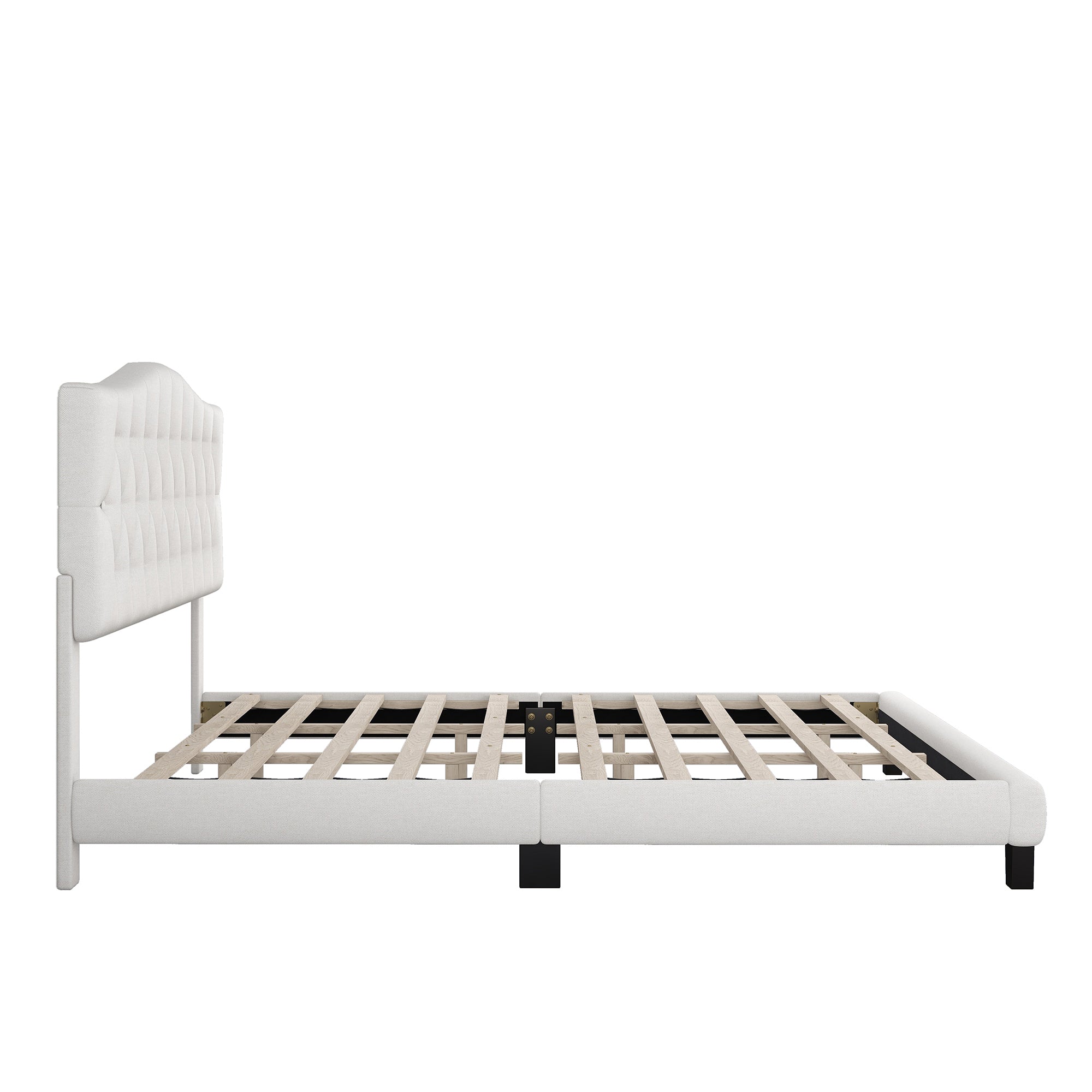 Upholstered Platform Bed with Saddle Curved Headboard and Diamond Tufted Details in Beige