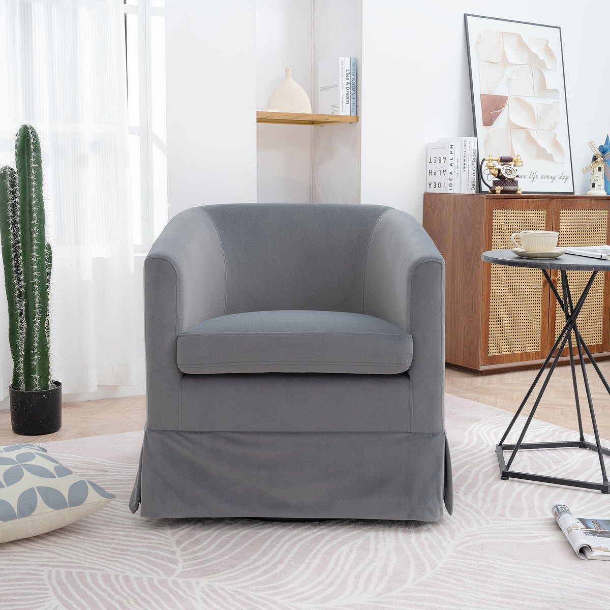 Gray Velvet Swivel Chair with 360-Degree Rotation and Comfortable Cushions