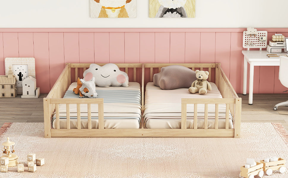 Double Twin Toddler Floor Bed with Fence and Guardrails in Natural Tones