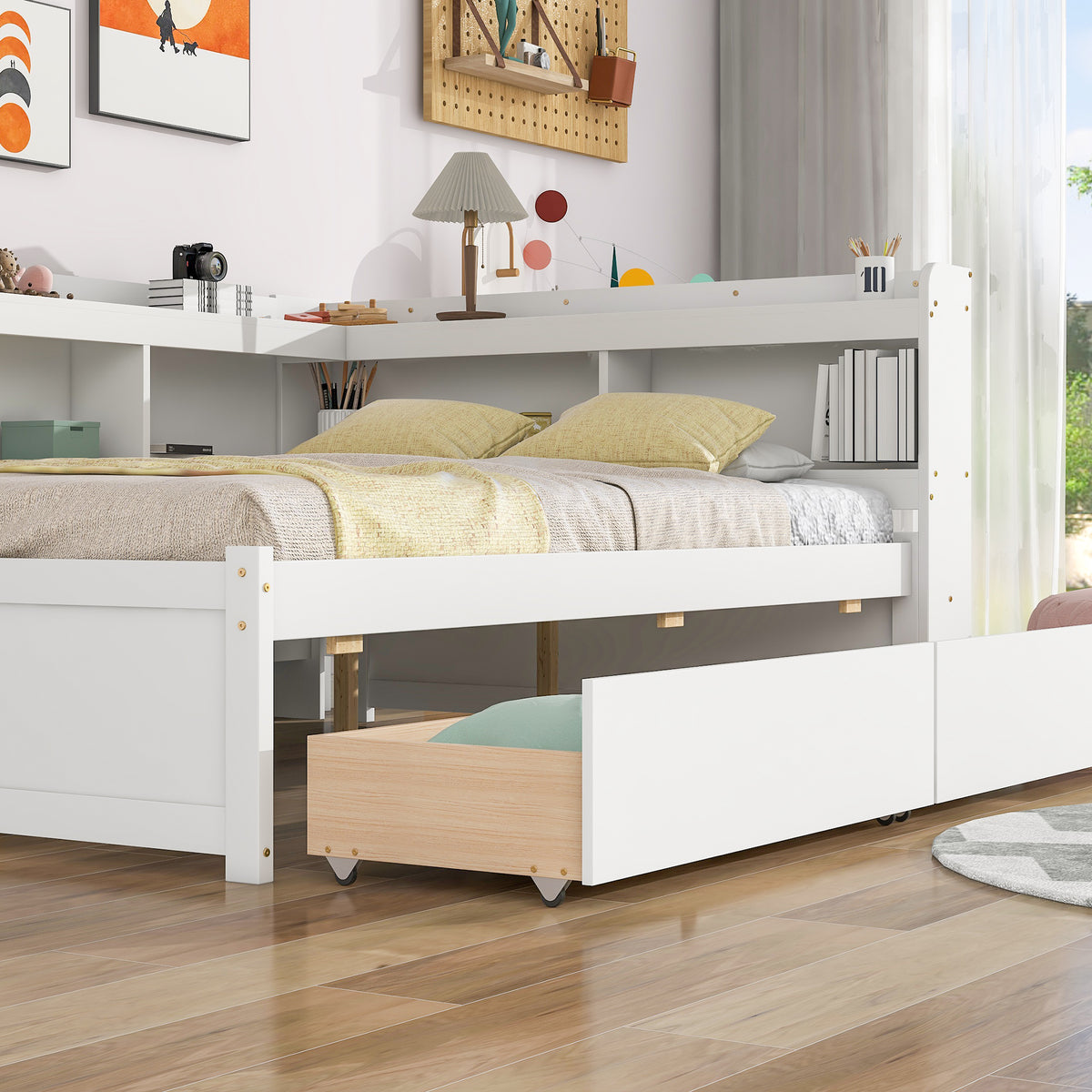 Full Bed with L-Shaped Bookcases &amp; Storage Drawers In White