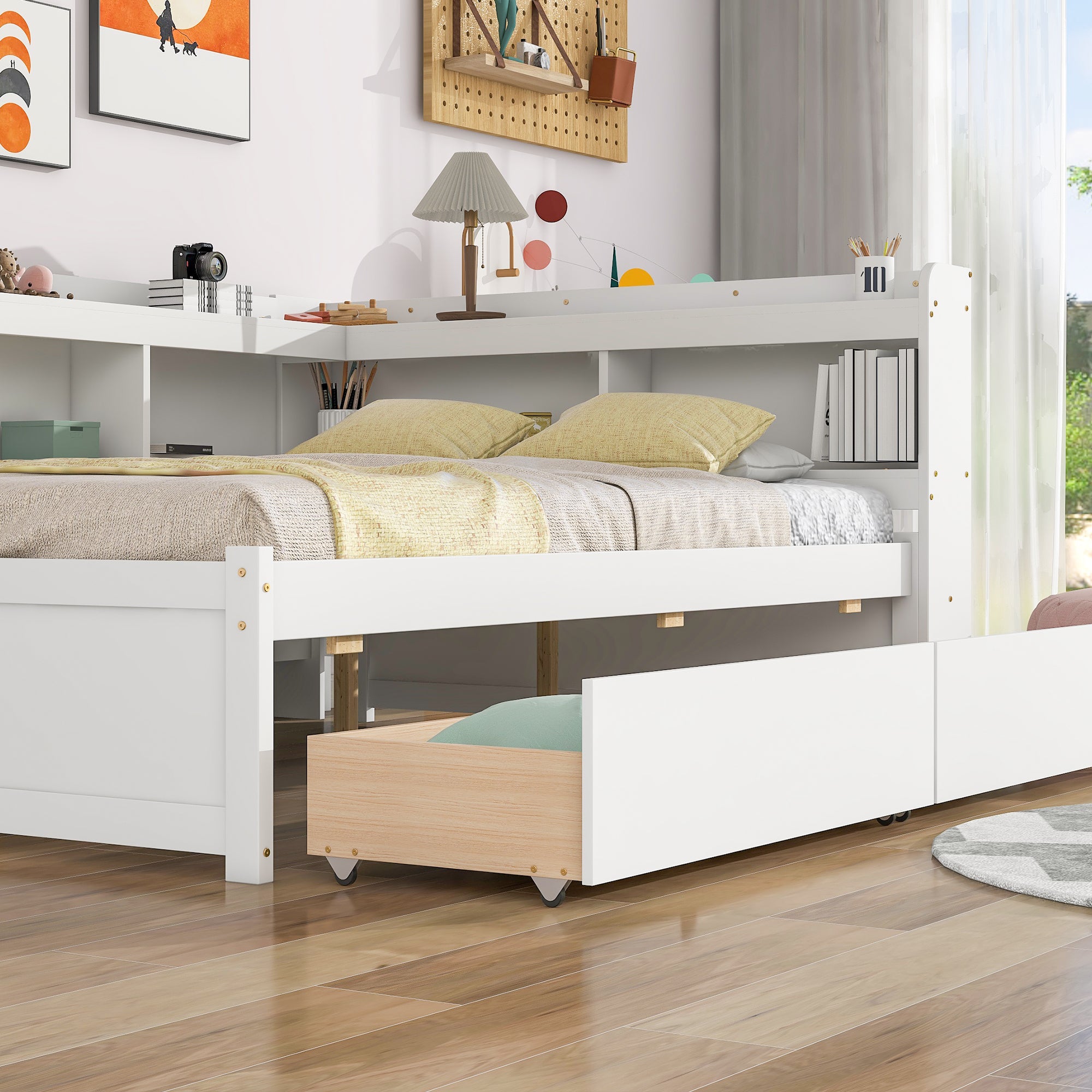 White Full Bed with L-Shaped Bookcases and Storage Drawers