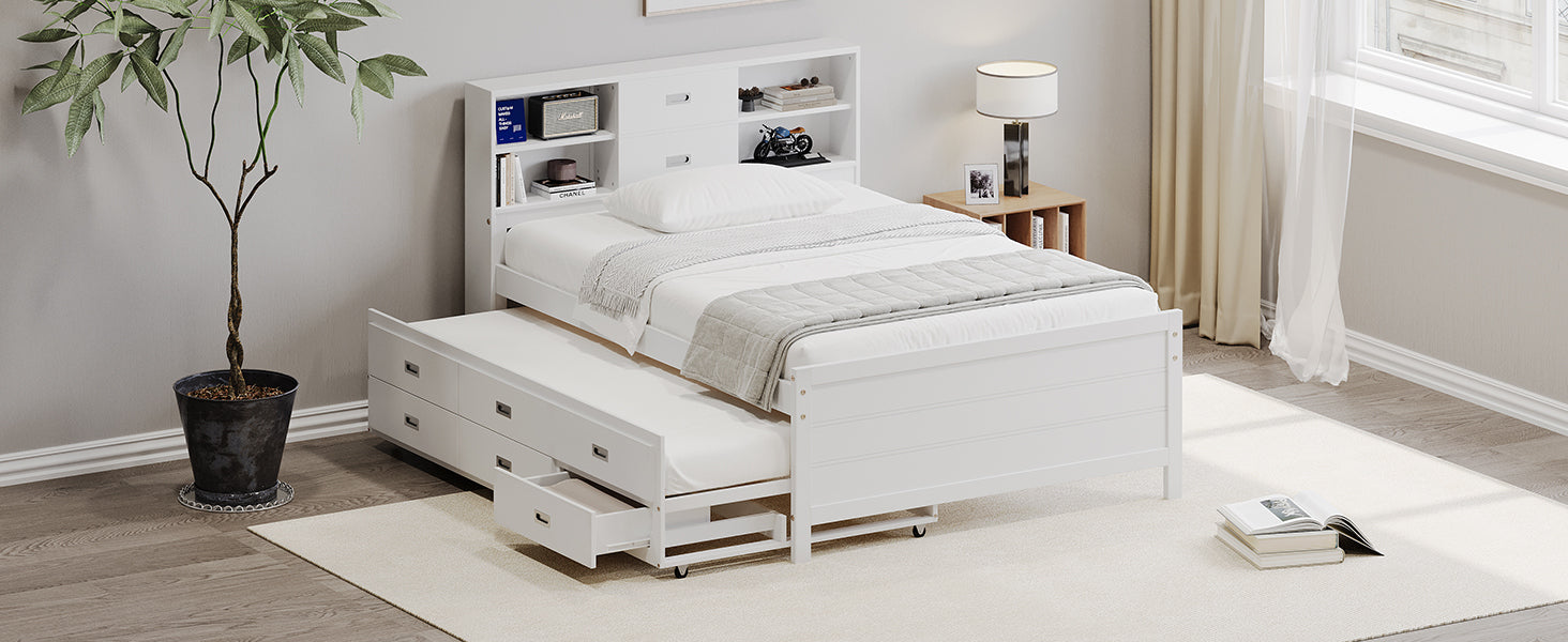 White Twin Platform Bed with Trundle, Drawers, and Storage Headboard