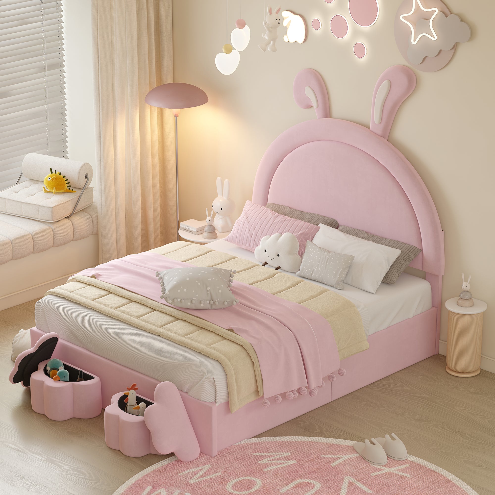 Full Size Upholstered Rabbit-Shape Bed with Storage Stools Velvet Platform Design with Cartoon Ears In Pink