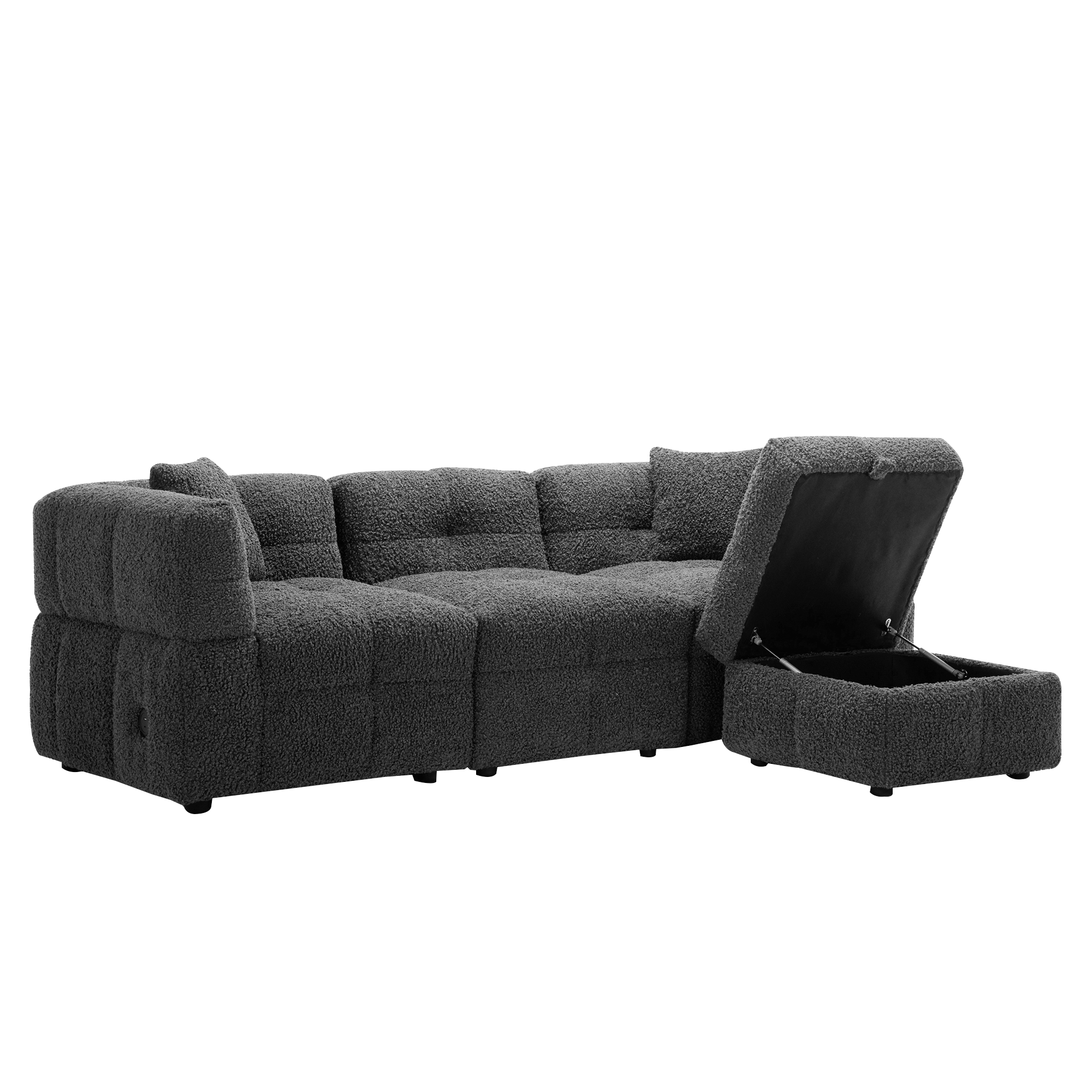 Gray Teddy Fleece Sectional Sofa with Multi-Functional Storage Ottoman