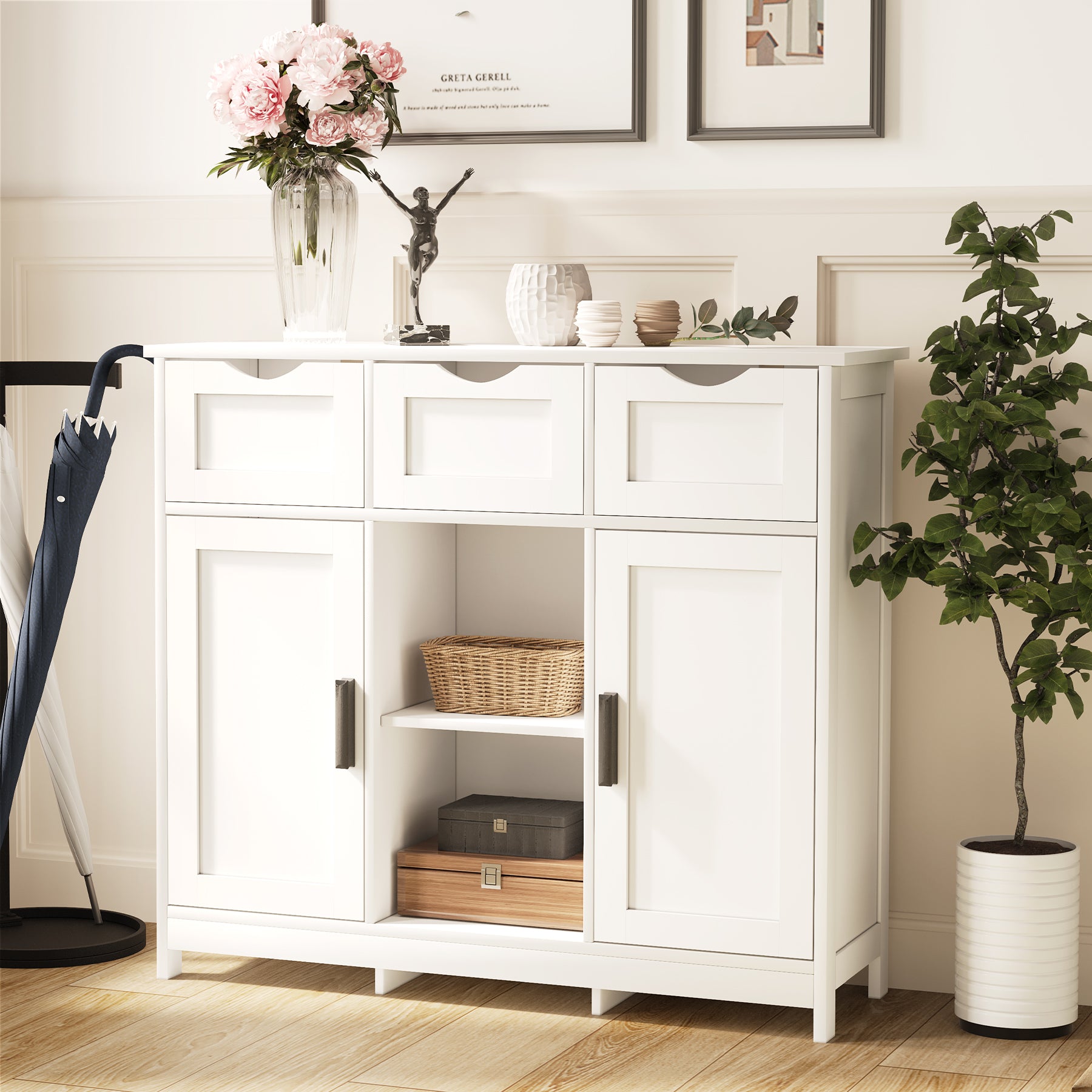 Wooden Floor Storage Cabinet With Drawers And Shelves In White