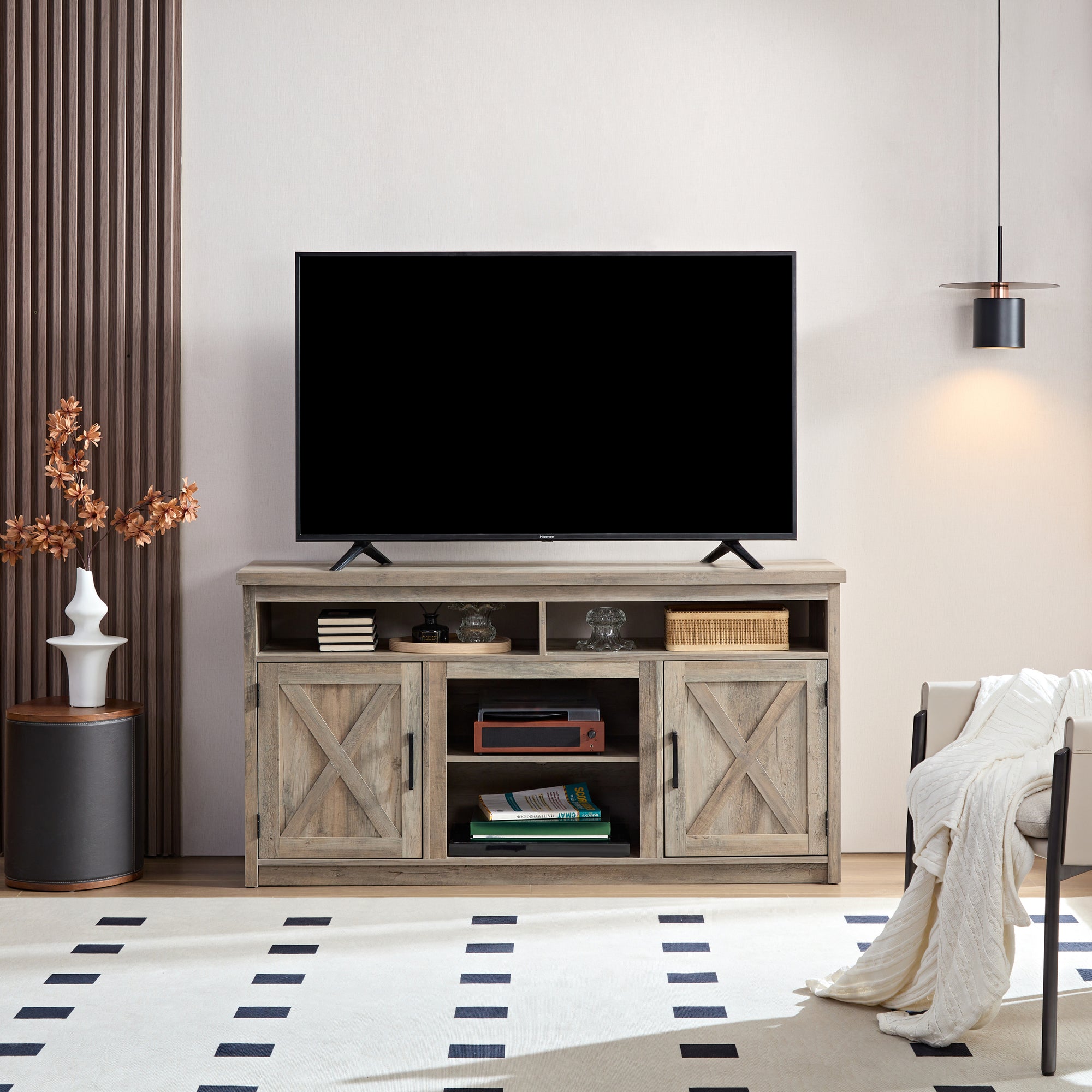 Farmhouse Barn Door TV Media Stand Modern Console for TV Up to 65 with Open and Closed Storage Space In Gray Wash