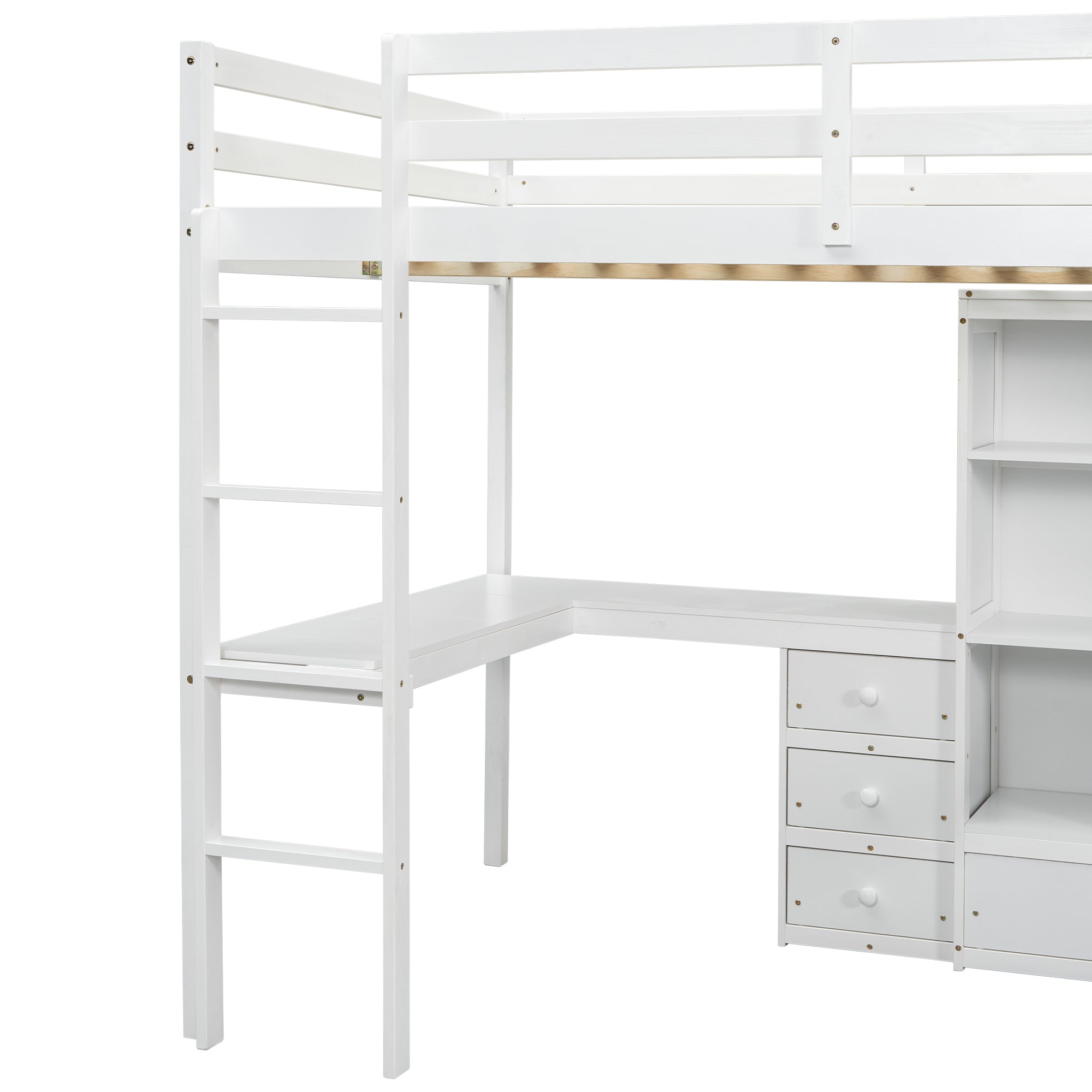 White Full Size Loft Bed with Desk, Storage Shelves, Drawers, and Built-in Ladder