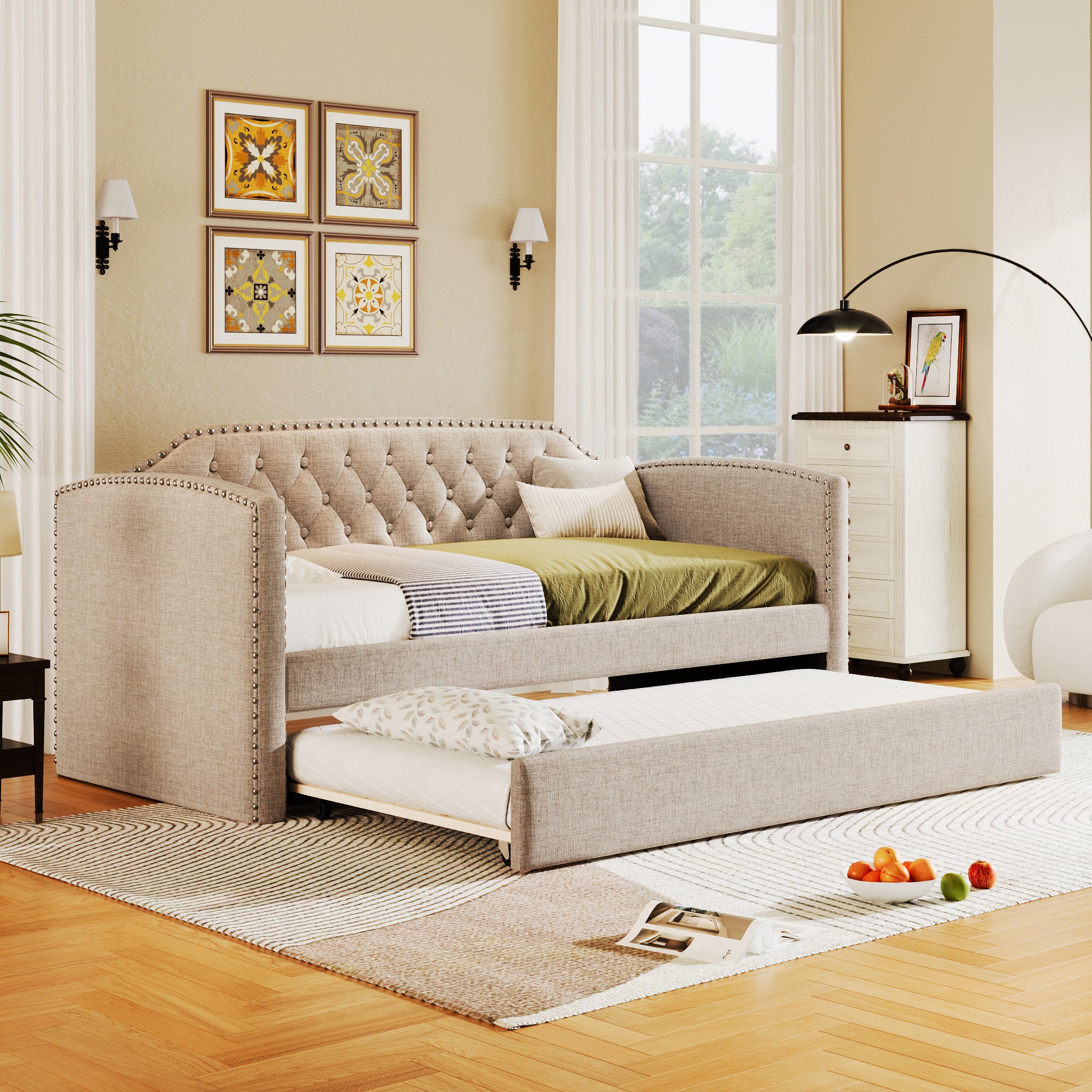 Twin Upholstered Daybed with Trundle in Beige Linen